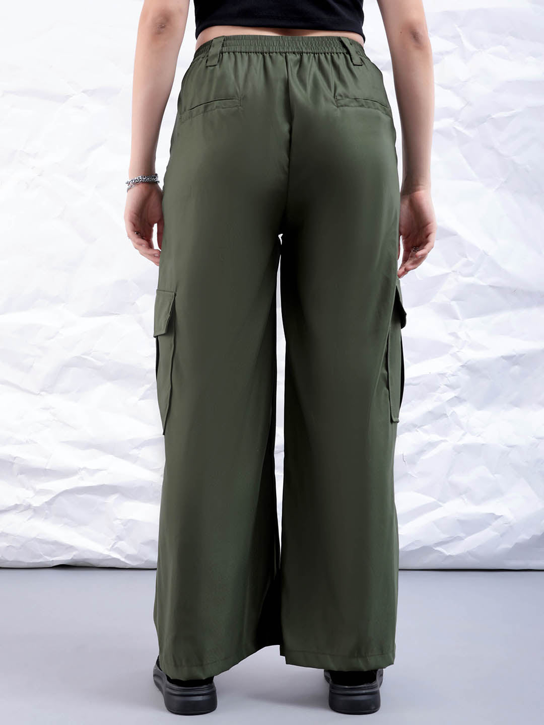 Freehand by The Indian Garage Co Women's Green Flare Solid Elasticated Cargo Trouser - view 2
