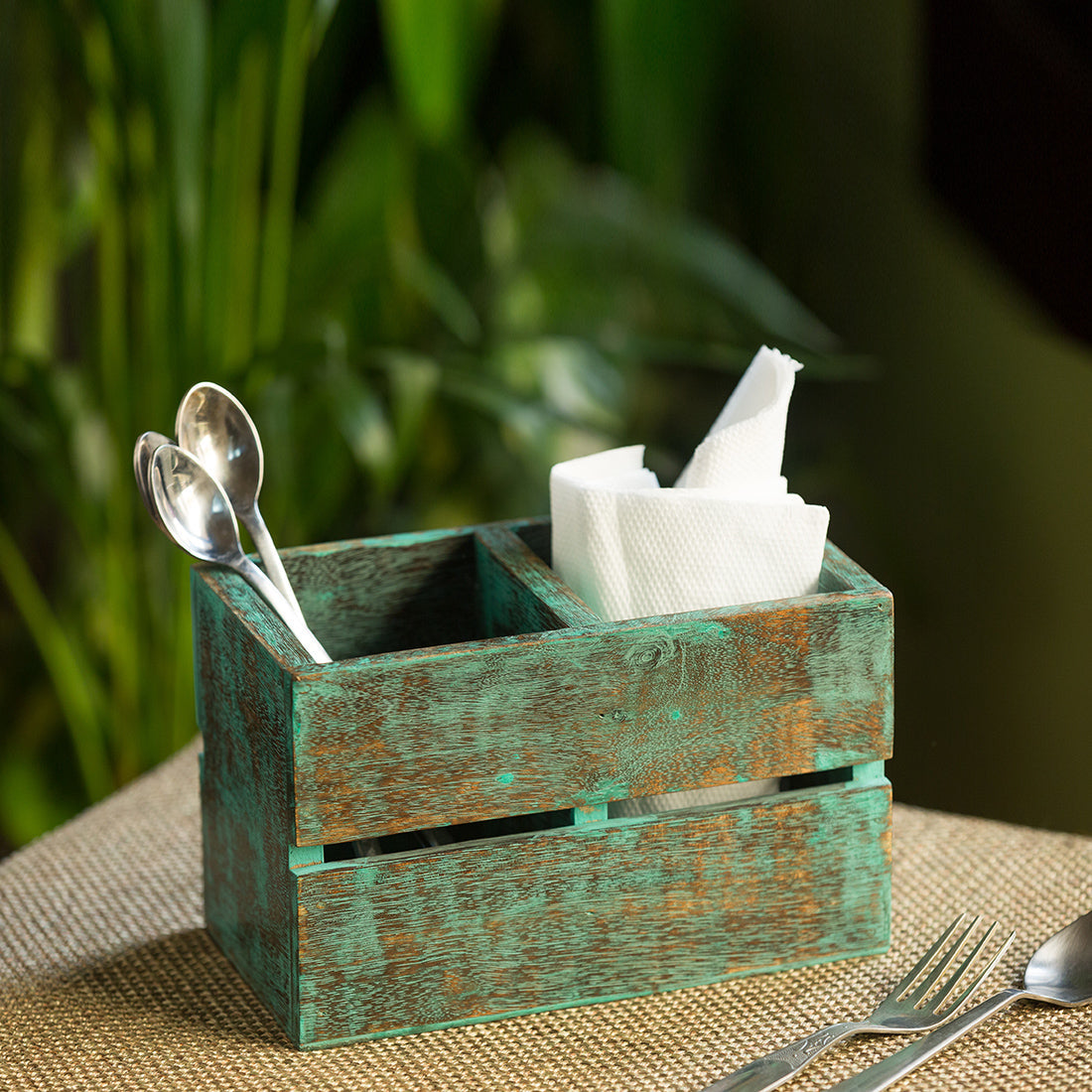 EXCLUSIVELANE 'Rustic Cuboid' Antique Finish Cutlery Holder In Mango Wood (2 Partitions)