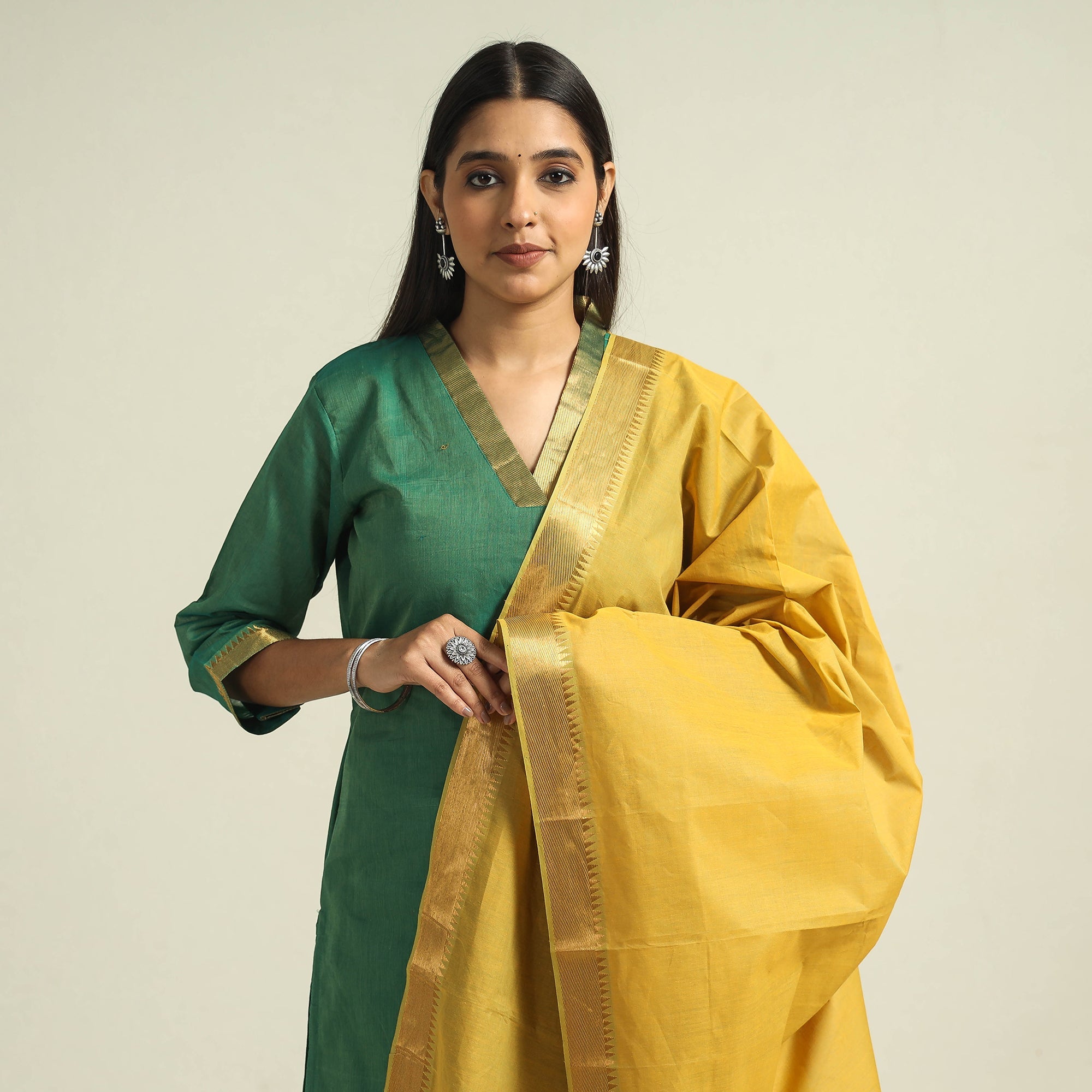 ITOKRI CASUALS Green - Mangalagiri Handloom Cotton Kurta with Palazzo & Dupatta Set - view 3