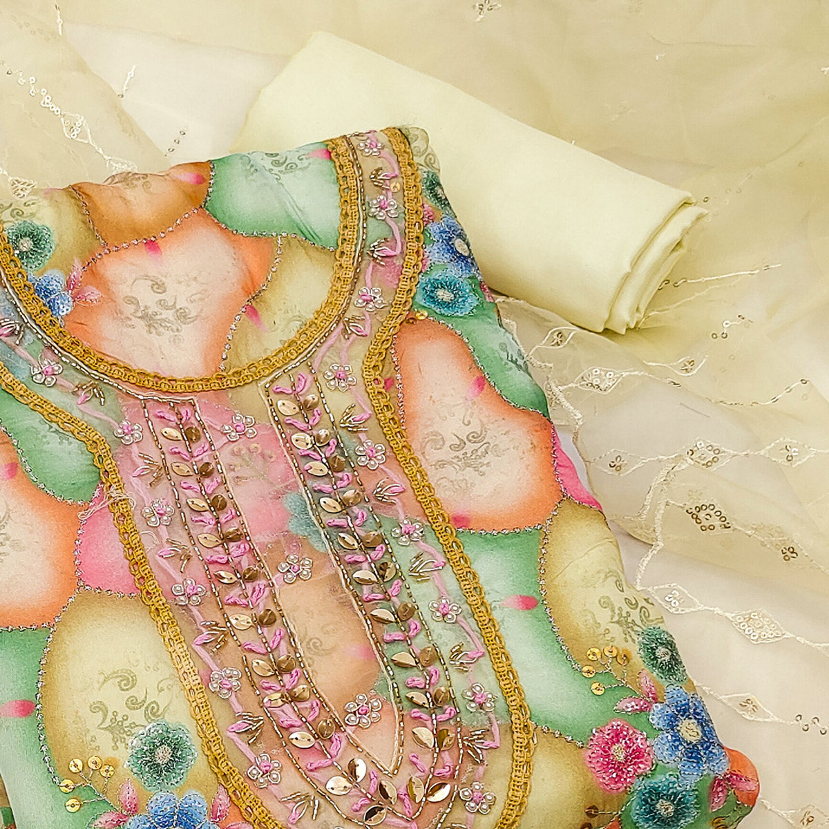 Peachmode Cream Floral Printed Organza Dress Material - view 2
