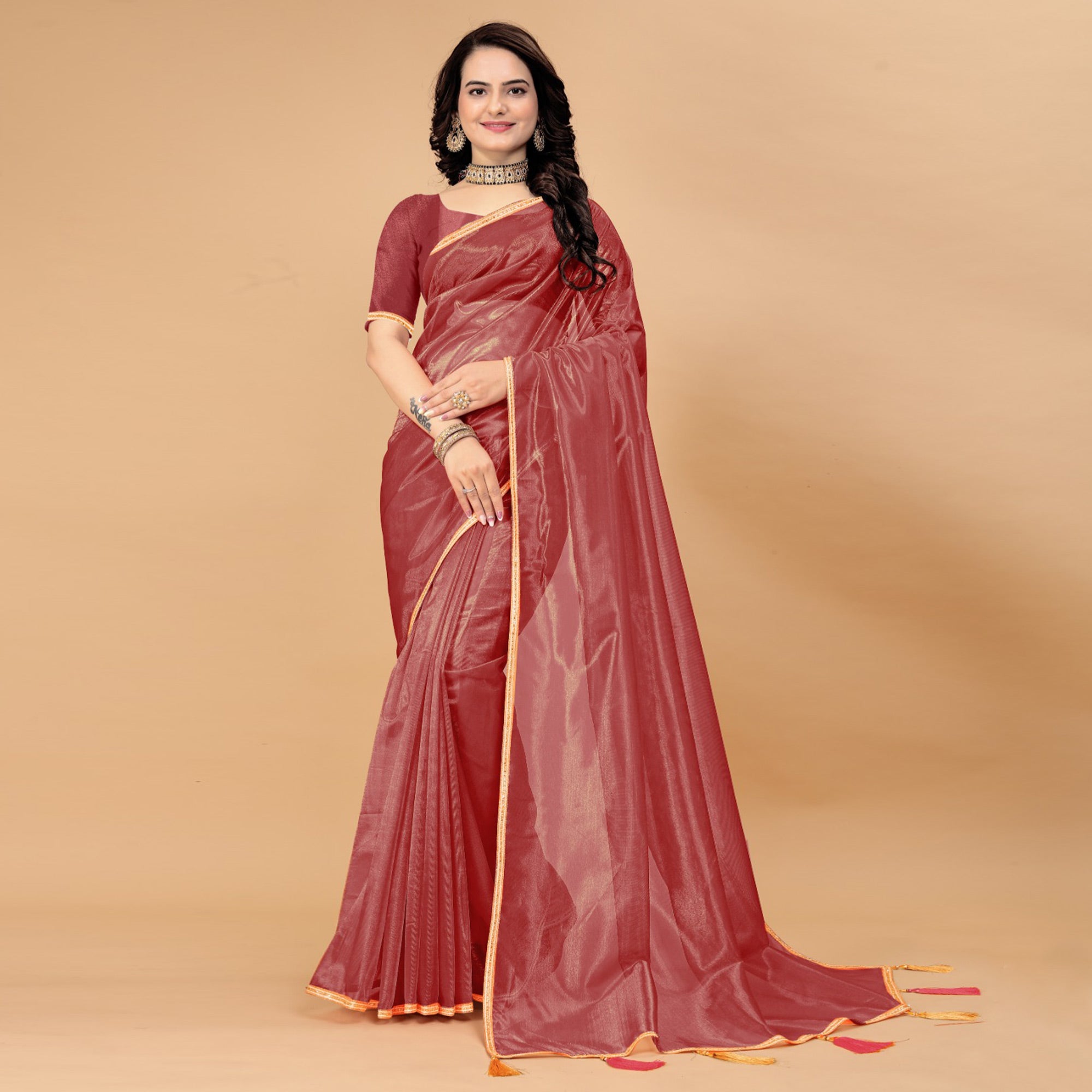 Peachmode Brick Red Solid Nylon Saree With Lace Border - view 2