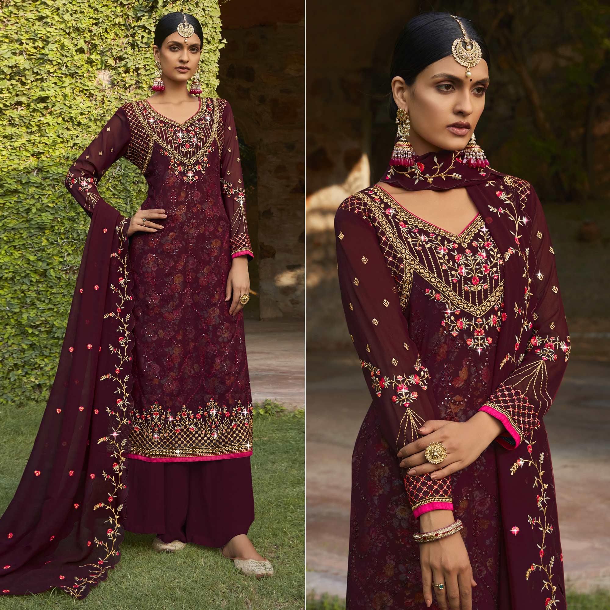 Peachmode Maroon Embellished With Embroidered Georgette Palazzo Suit