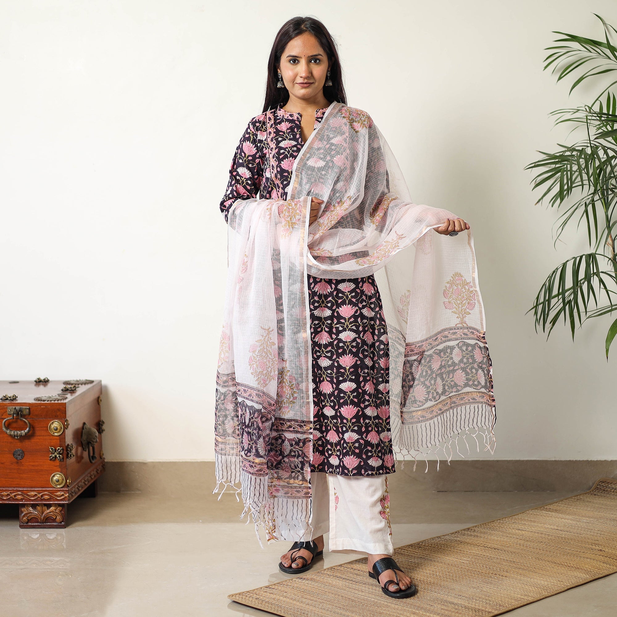 ITOKRI CASUALS Black - Sanganeri Block Printed Cotton Kurta with Palazzo & Dupatta Set 16