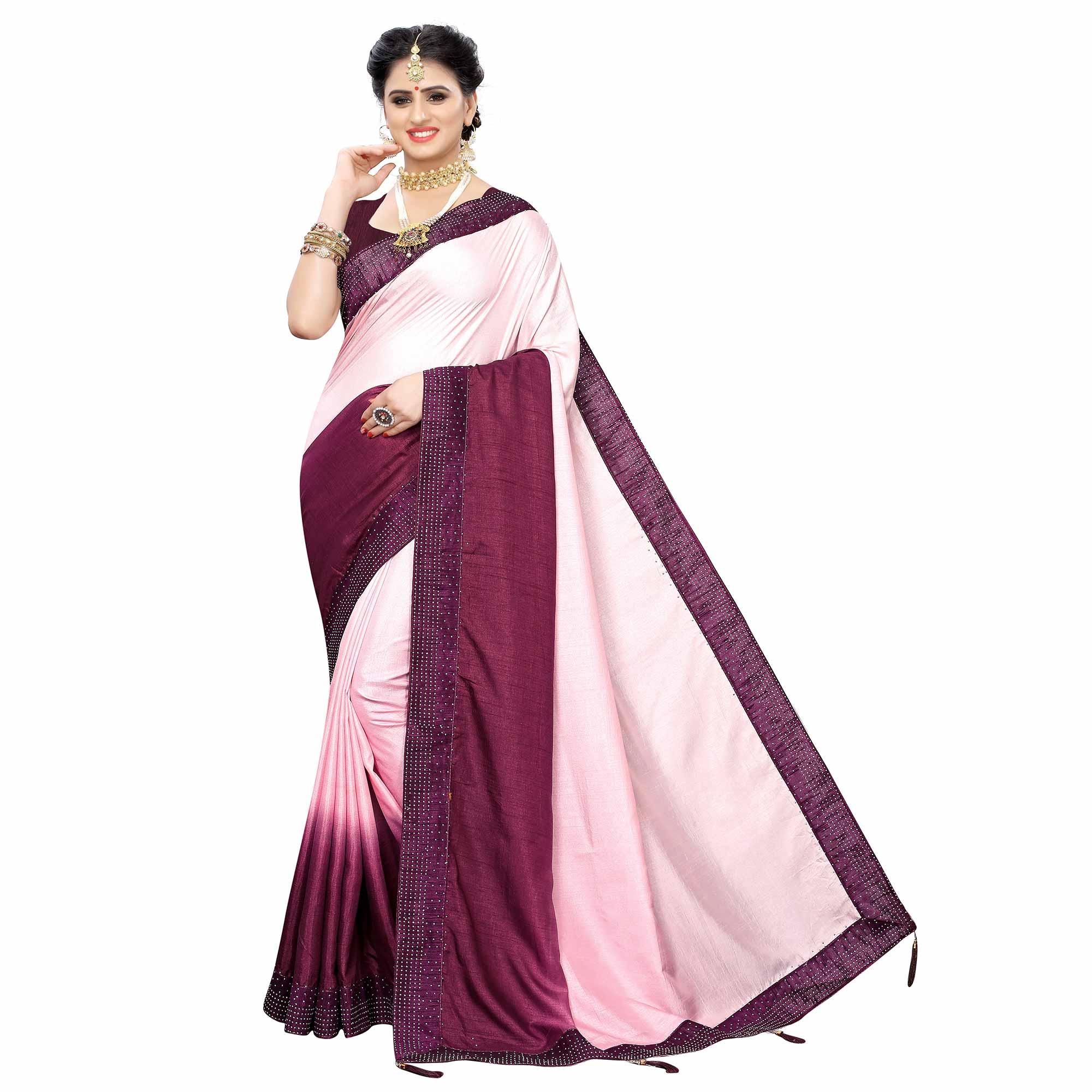 Peachmode Classy Purple Colored Partywear Stone Work Sana Silk Saree