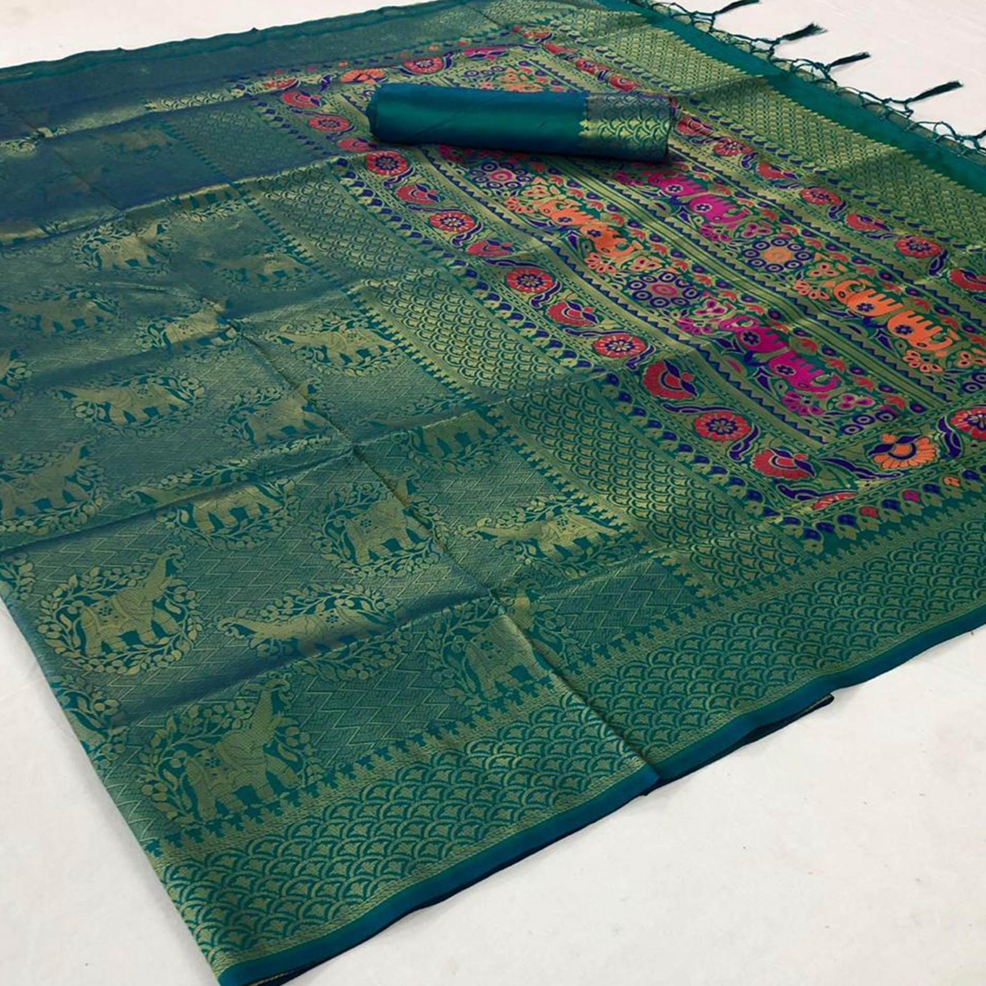 Peachmode Hypnotic Turquoise Green Colored Festive Wear Woven Pure Soft Silk Saree