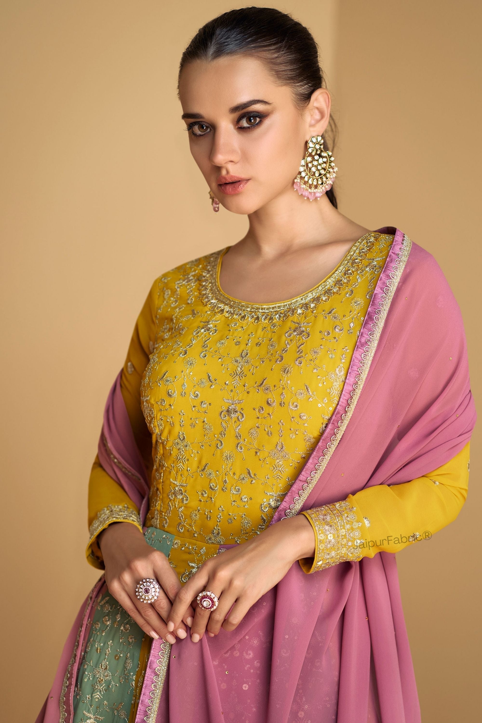 JaipurFabric® Yellow Anarkalisuit Beautiful Indian Wedding Party Wear Designer Suit