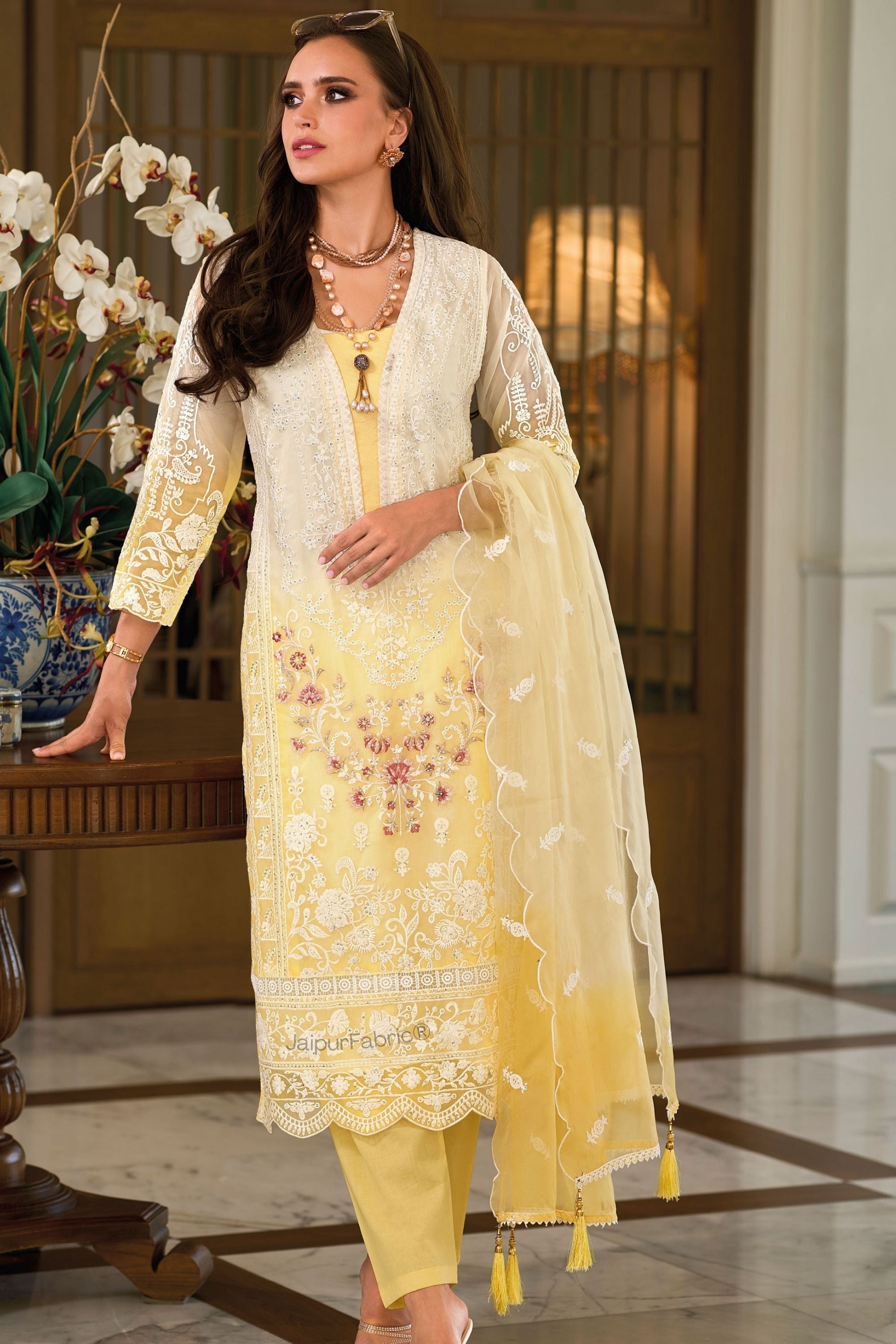 JaipurFabric® Shades Of Yellow & White Beautiful Embroidery Work Organza Suit