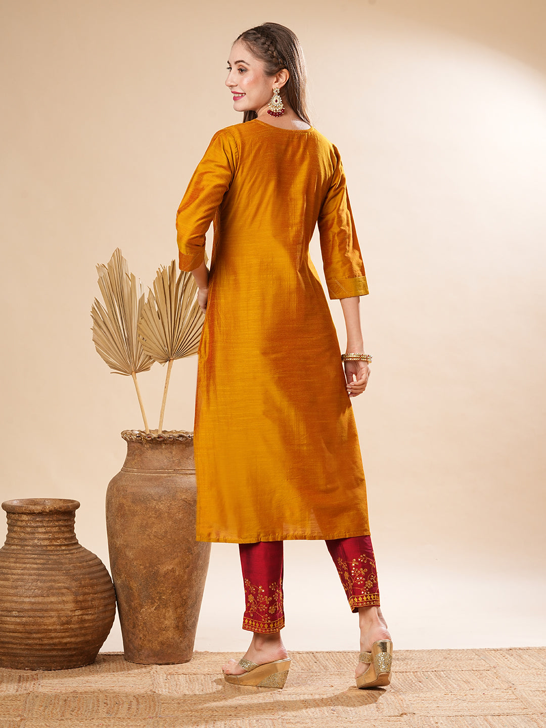 Fashor Solid Pin-Tucks Kurta with Resham & Sequins Embroidered Pants - Mustard - view 6