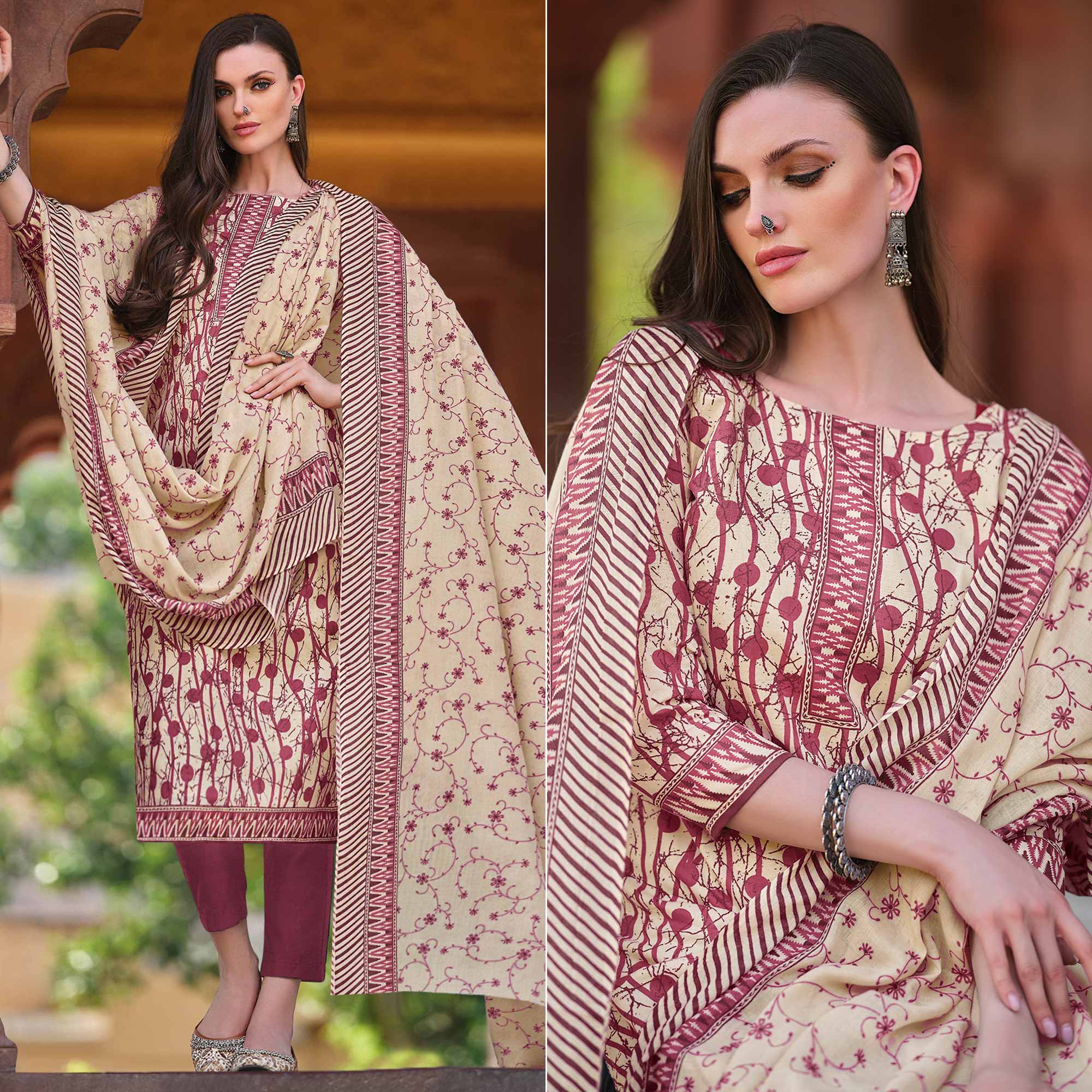 Peachmode Dusty Pink Printed Pure Cotton Dress Material