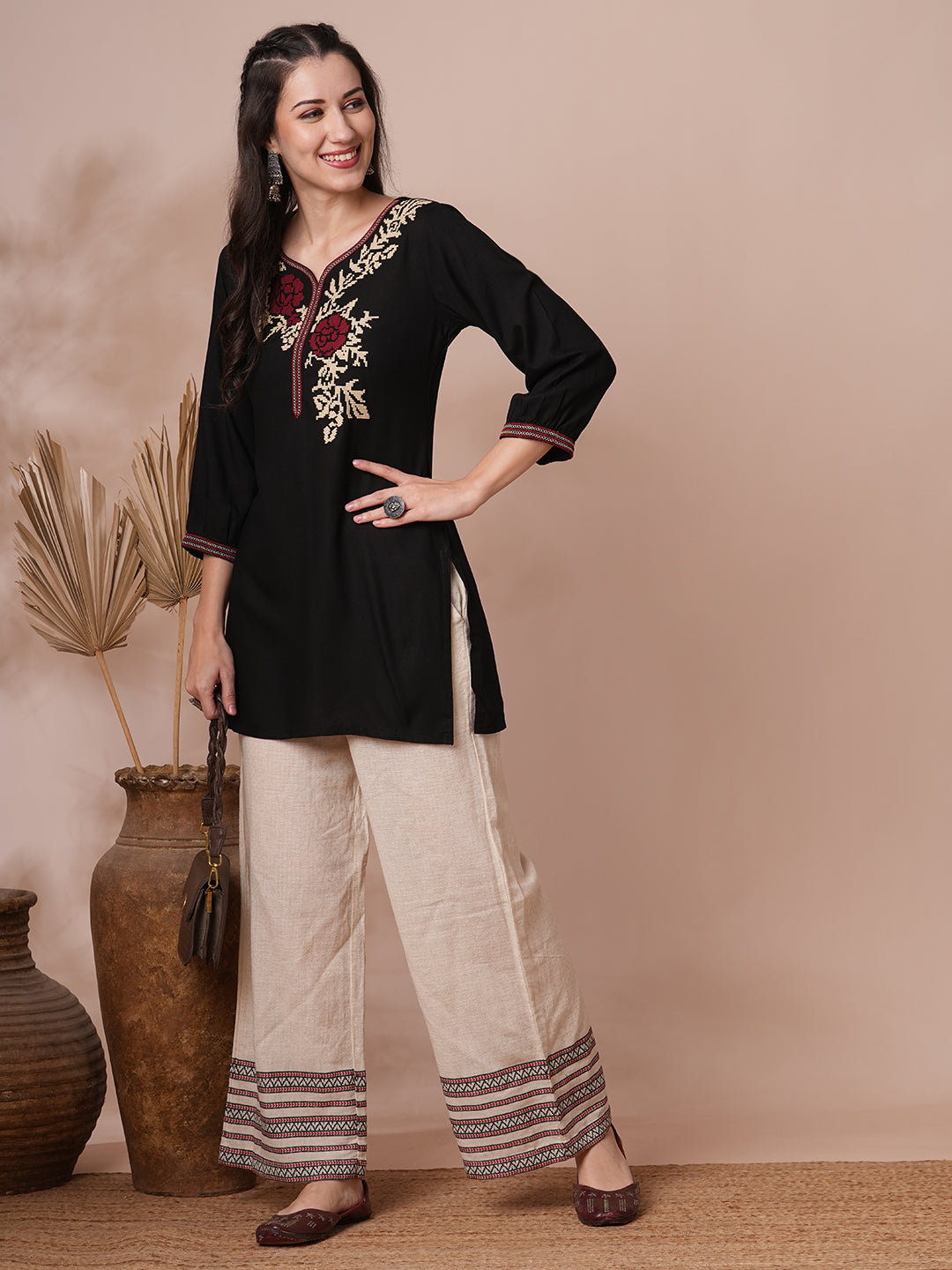 FASHOR Geometric Floral Cross Stitch Embroidered A-Line Short Kurti - Black