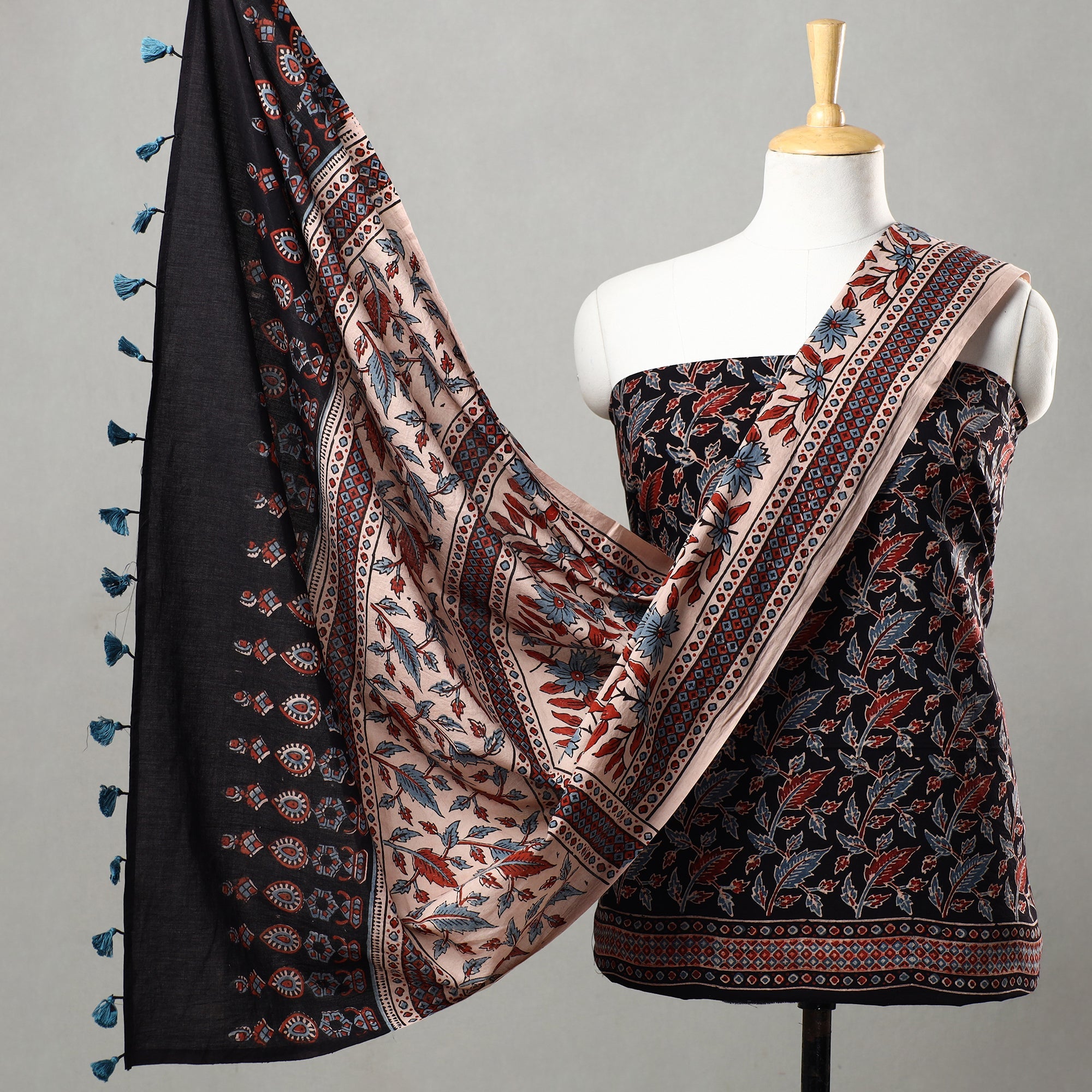 AJRAKH BY JABBAR KHATRI Black - 3pc Ajrakh Block Printed Natural Dyed Cotton Suit Material Set 10