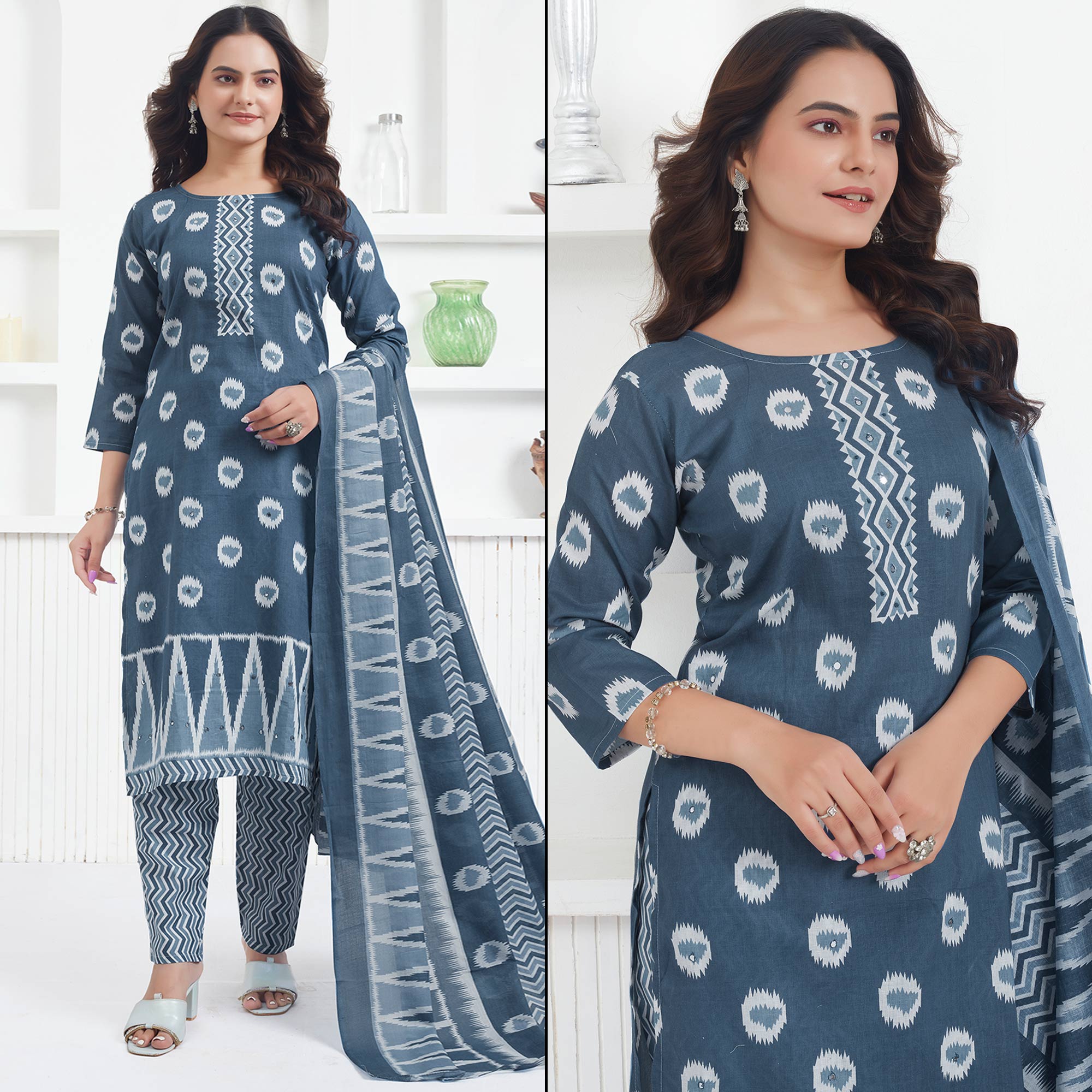 Peachmode Grey Printed Pure Cotton Salwar Suit With Mirror Work