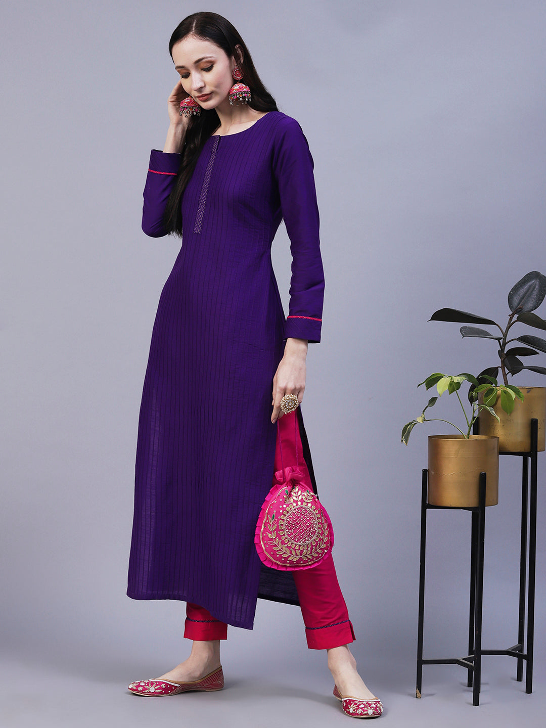 Fashor Solid Straight Fit Kurta with Pant - Purple