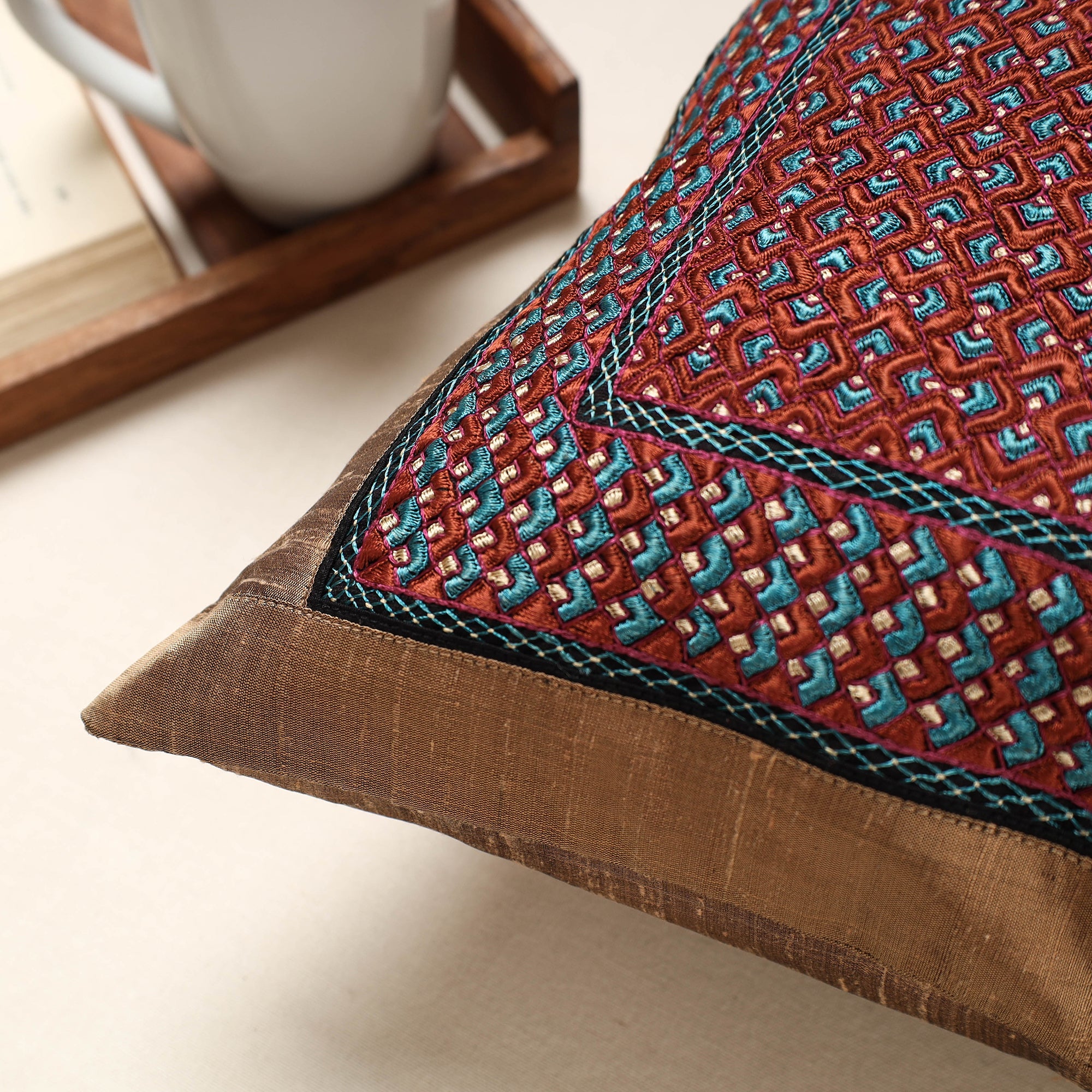 QASAB Brown - Kutch Neran Hand Embroidery Silk Cushion Cover (16 x 16 in) - view 2