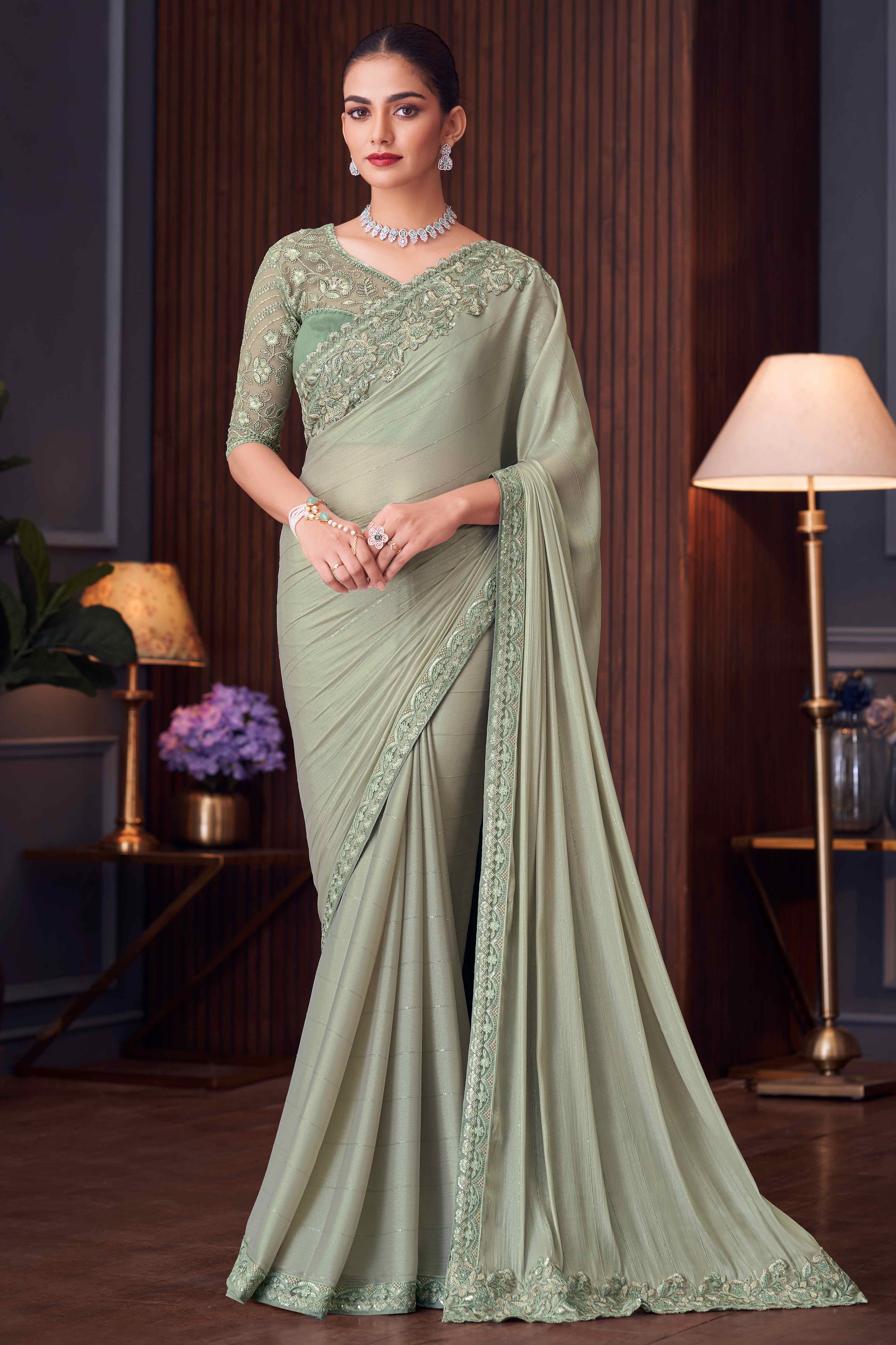 Peachmode Dusty Green Sequins Embroidered Crepe Saree