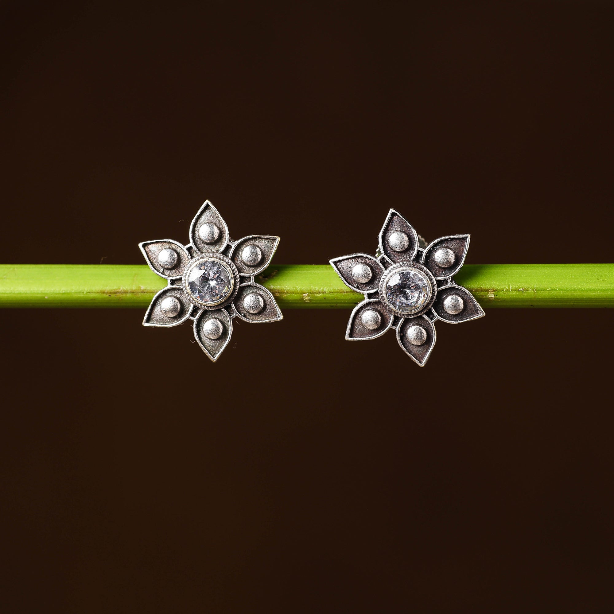WHITE RIVER STORIES Antique Silver Finish Oxidised Brass Base Stone Work Stud Earrings