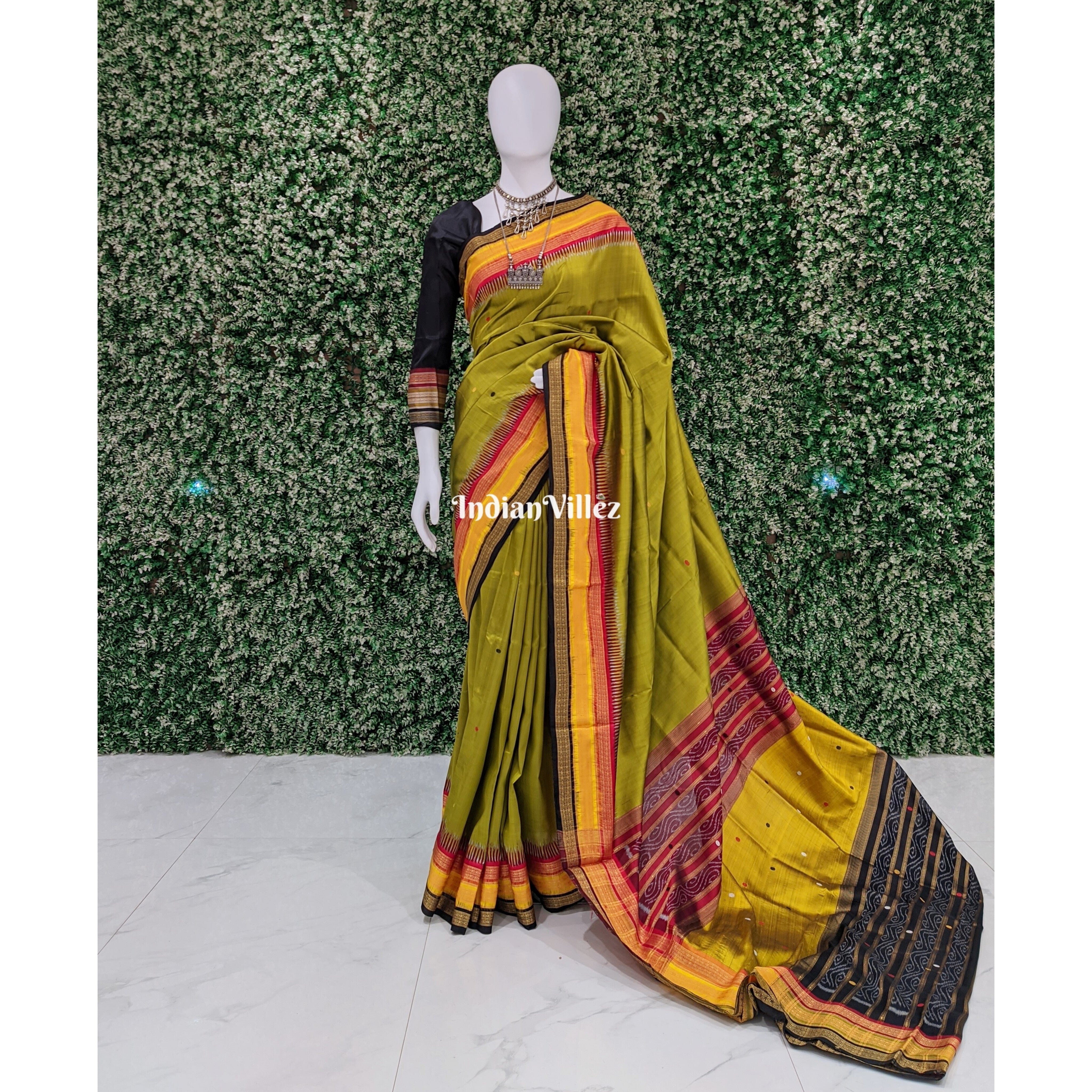 IndianVillèz Mehndi Green Kathiphera Ikat Odisha Handloom Khandua Silk Saree