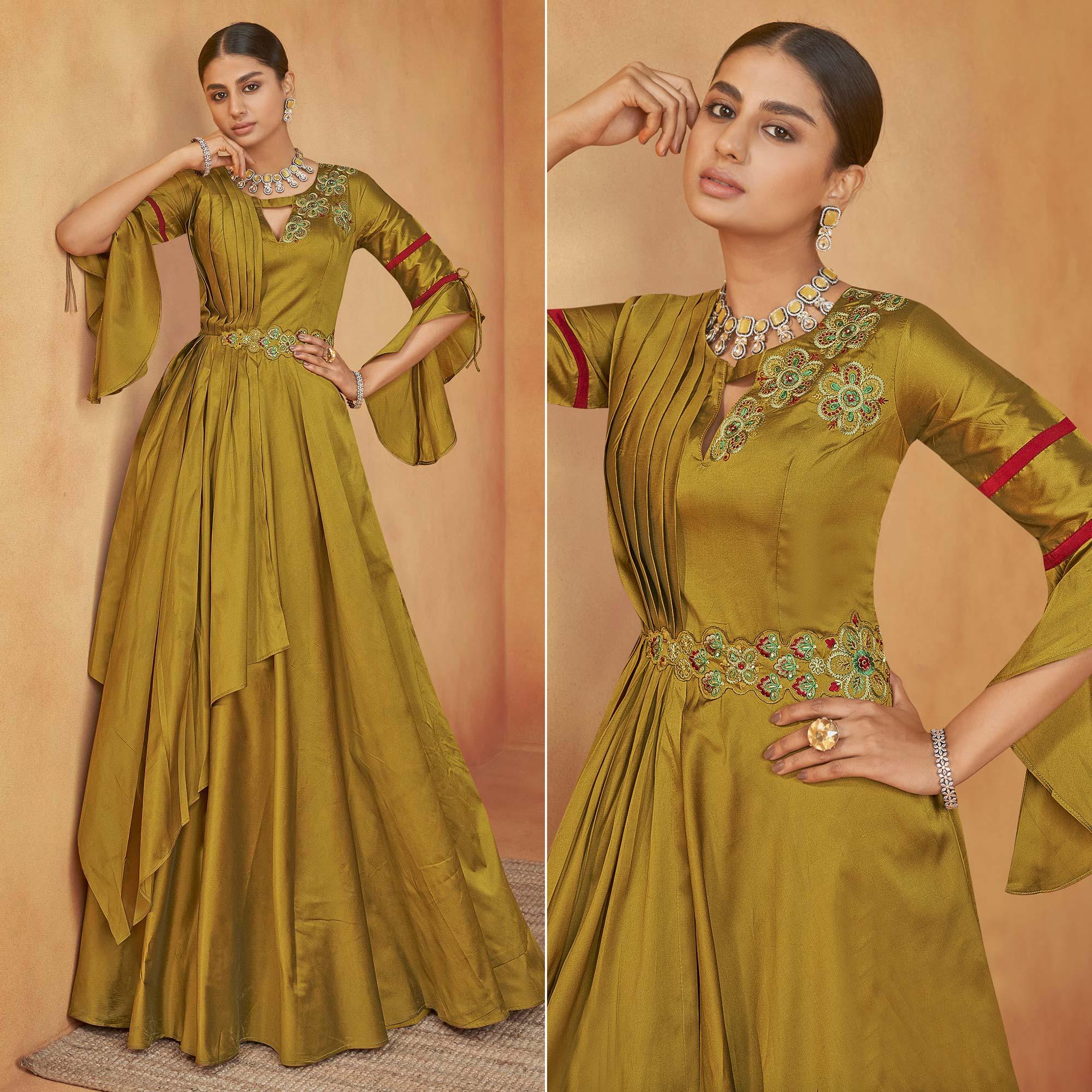 Peachmode Seller Mehendi Green Party Wear Embroidered Tapetta Gown