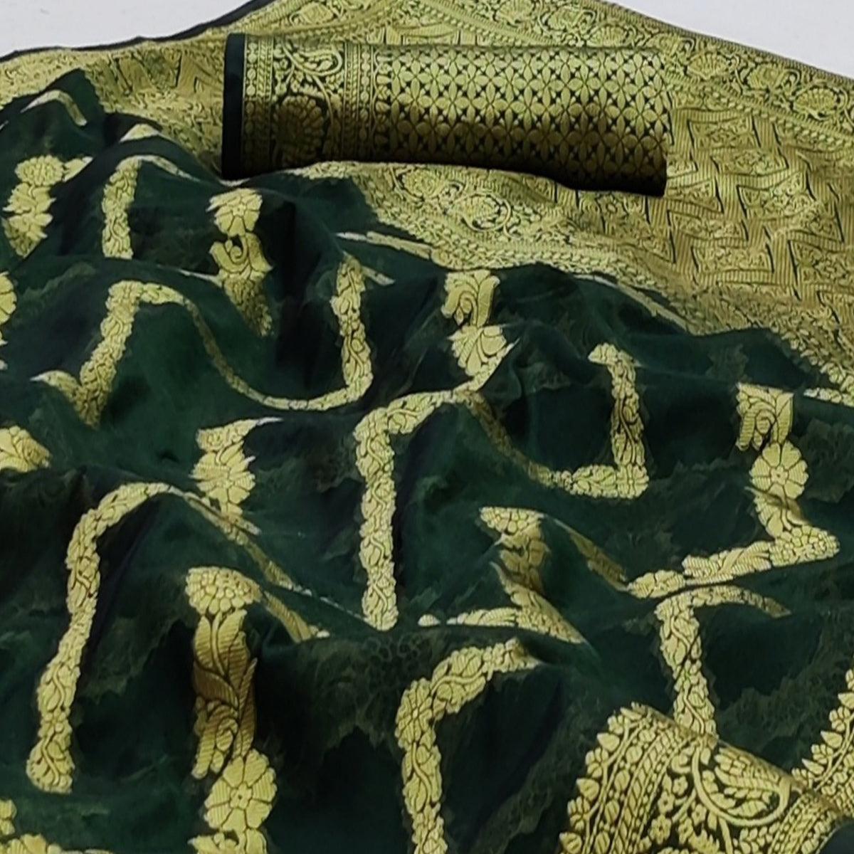 Peachmode Bottle Green Festive Wear Floral Woven Soft Organza Saree - view 3