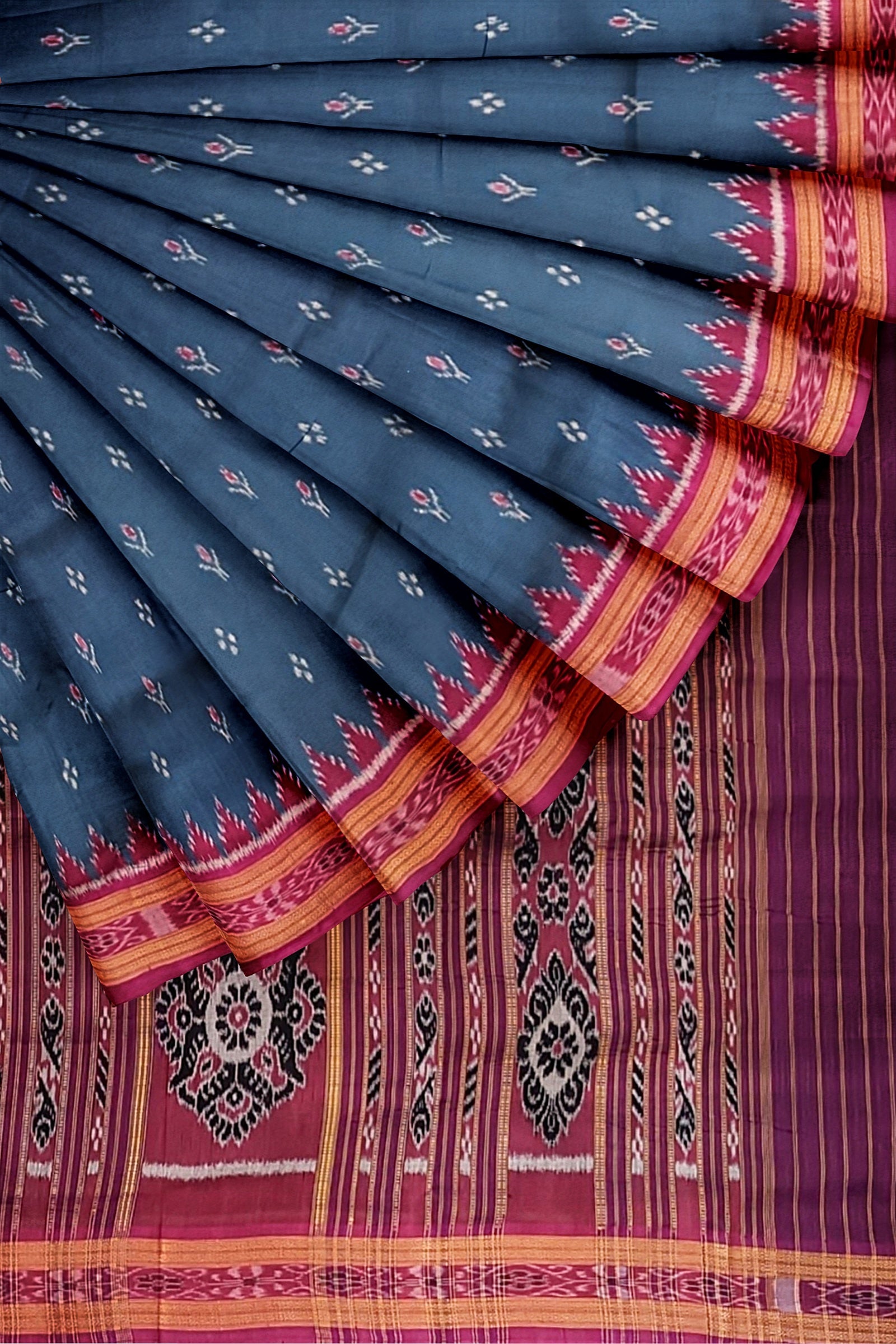 IndianVillèz Steel Blue Mayur Chandrika Odisha Ikat Khandua Silk Saree - view 4