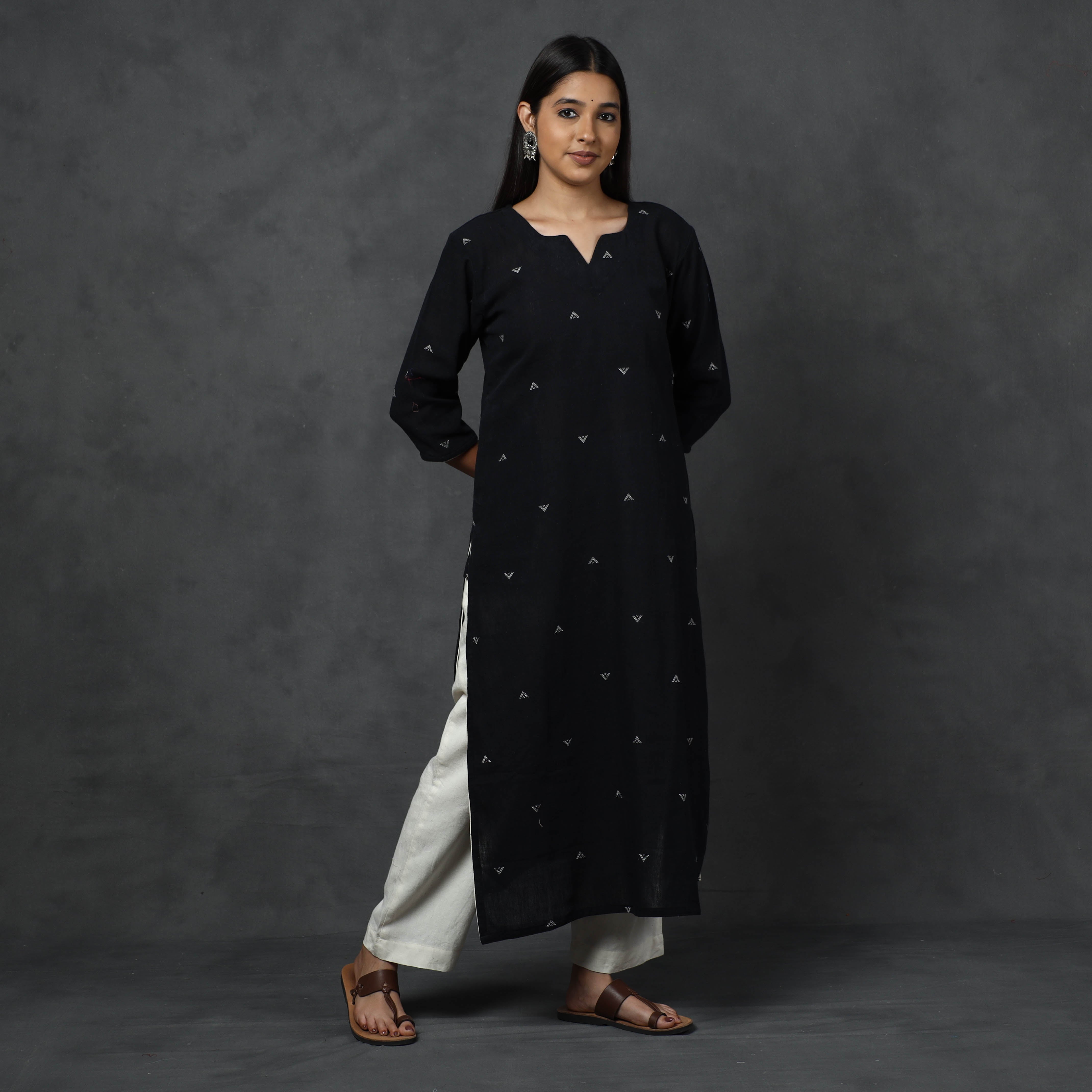 ITOKRI CASUALS Black - Organic Kala Cotton Handloom Buti Long Kurta