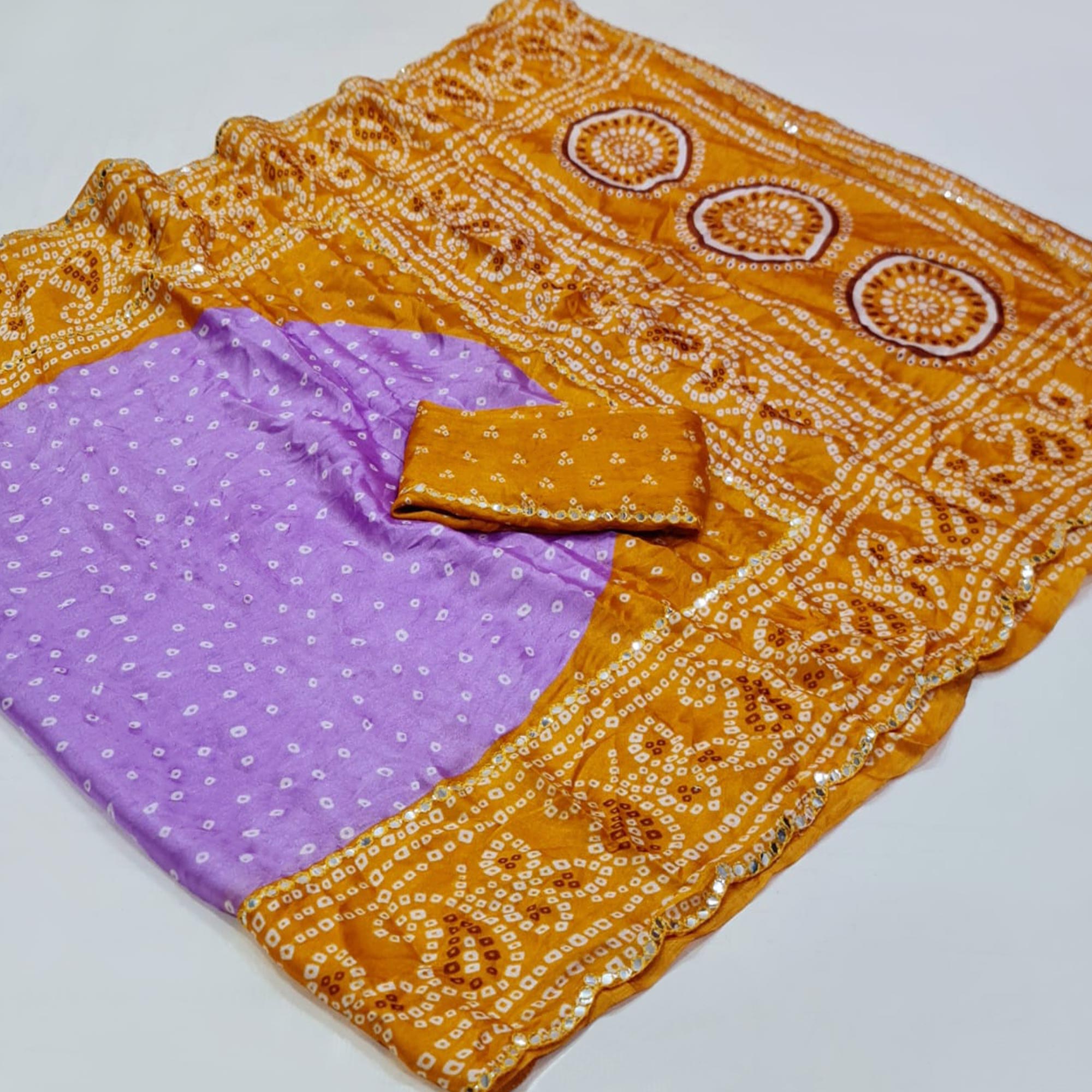 Peachmode Lavender & Yellow Bandhani Printed Chiffon Saree