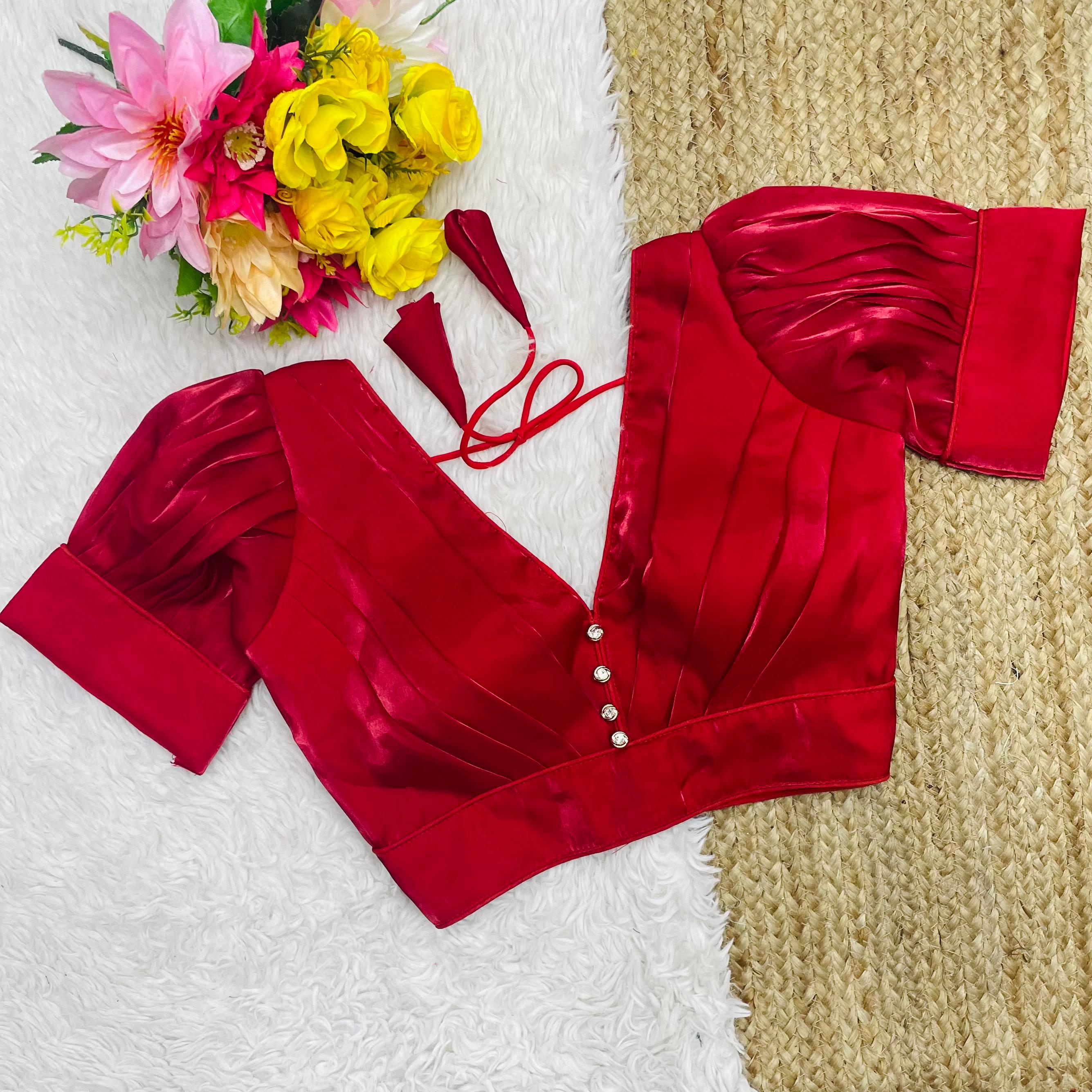 ClothsVilla Red Glamorous Ruffled Metallic Jimmy Choo Blouse