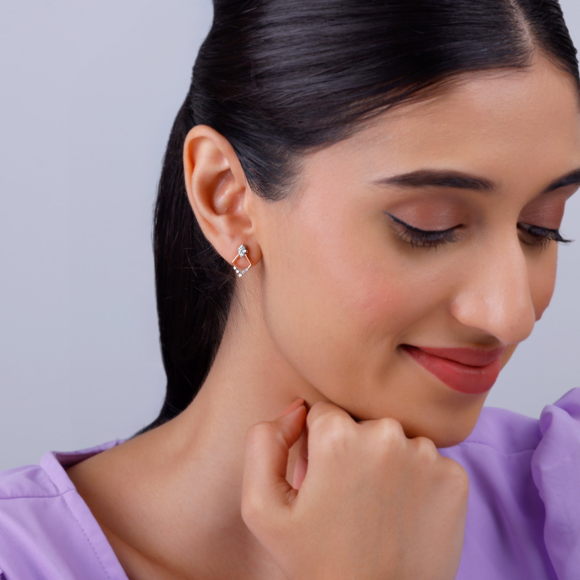 GIVA Jewellery Rose Gold Radiant Rhombus Diamond Earrings - view 3