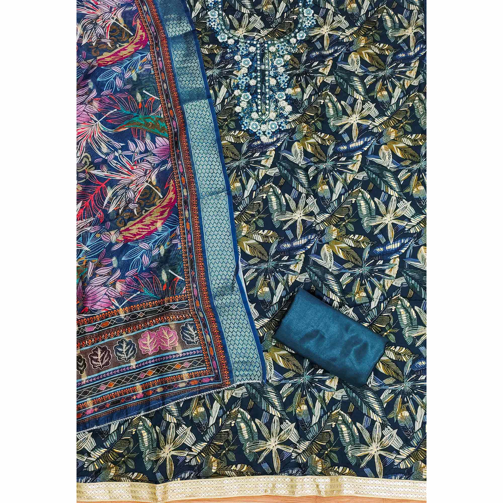 Peachmode Morpich Blue Floral Printed Pure Cotton Dress Material - view 4
