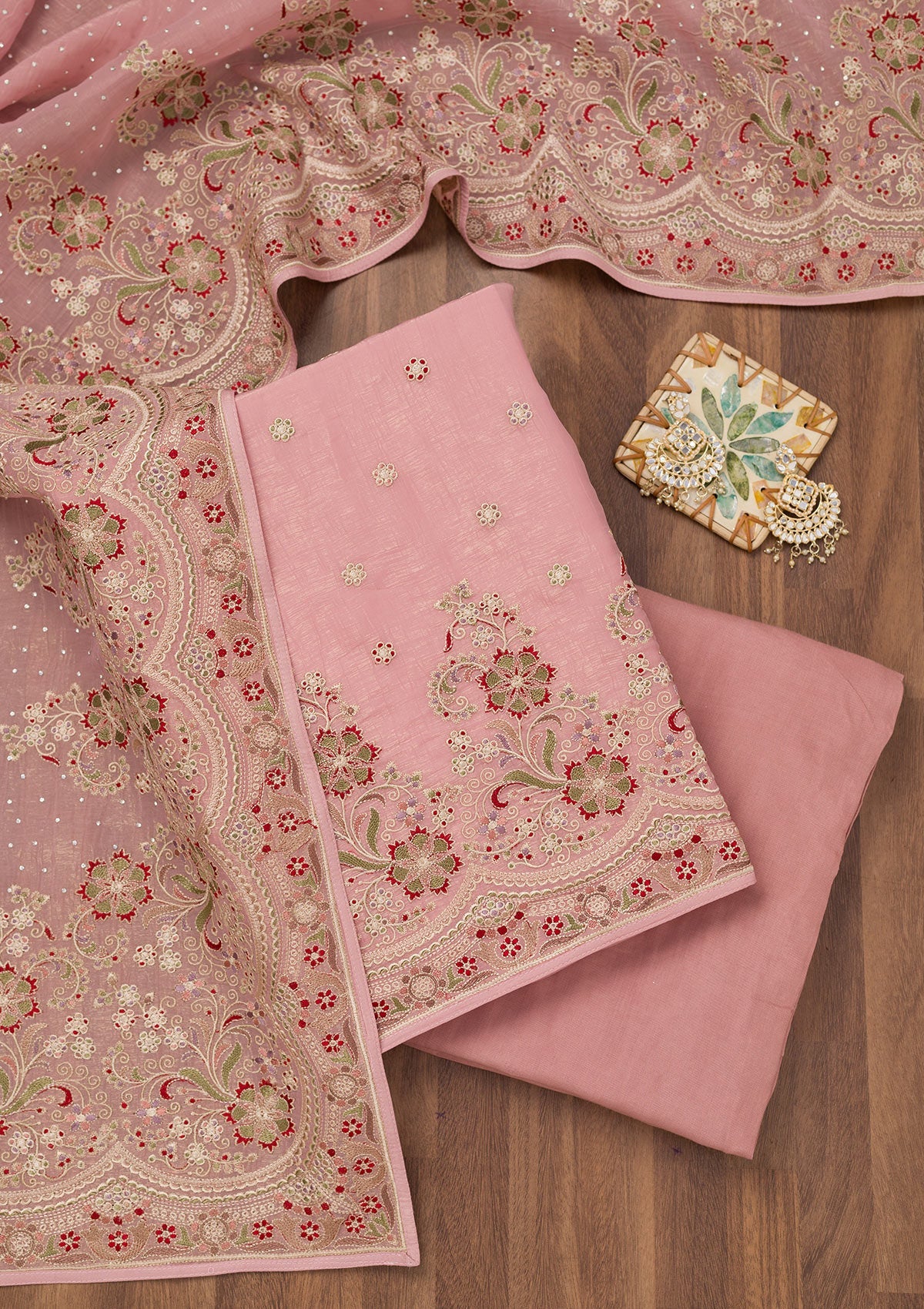 Koskii Pink Threadwork Semi Crepe Unstitched Salwar Suit