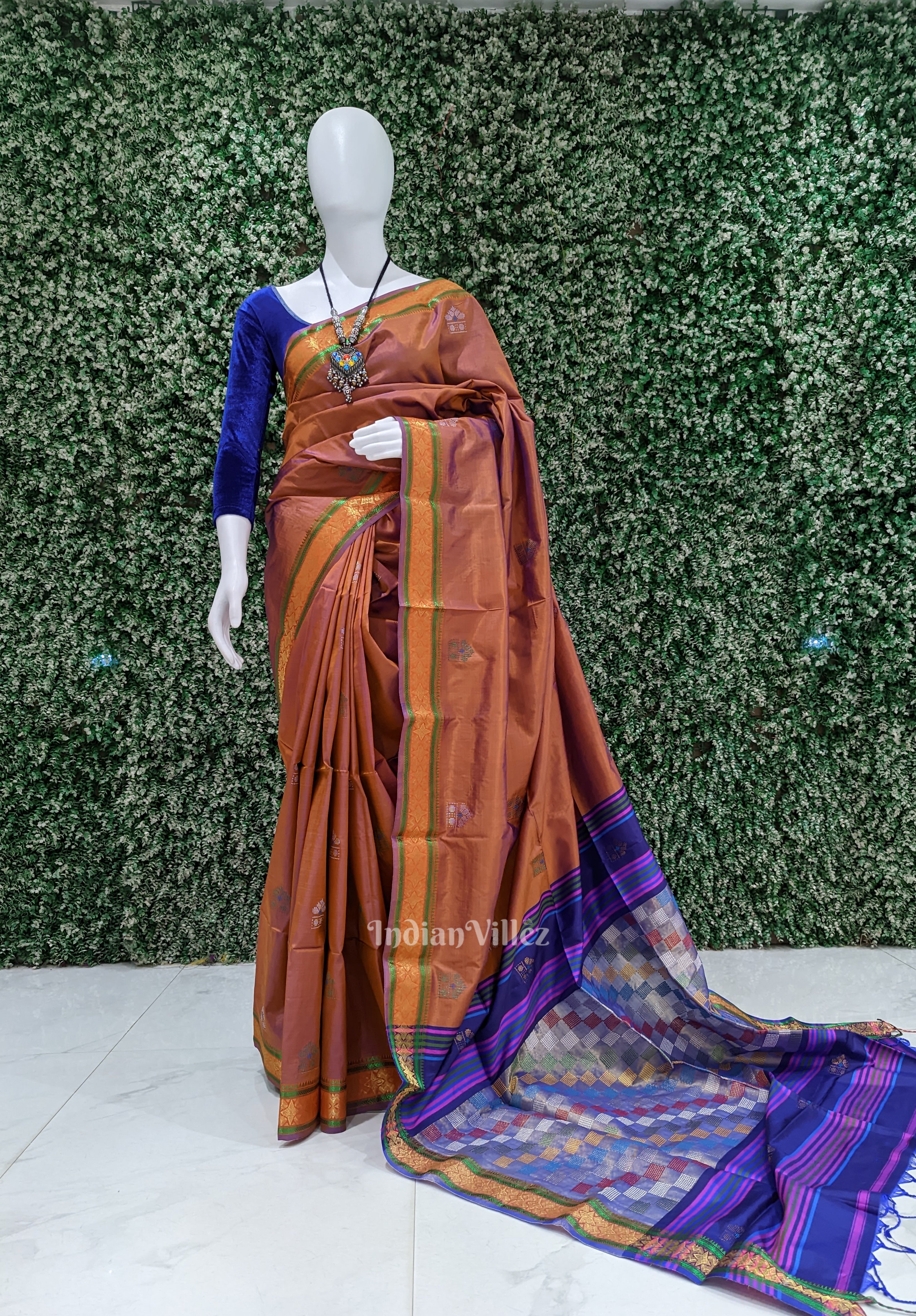 IndianVillèz Fire Flame With Blue Pure Bishnupuri Silk Saree