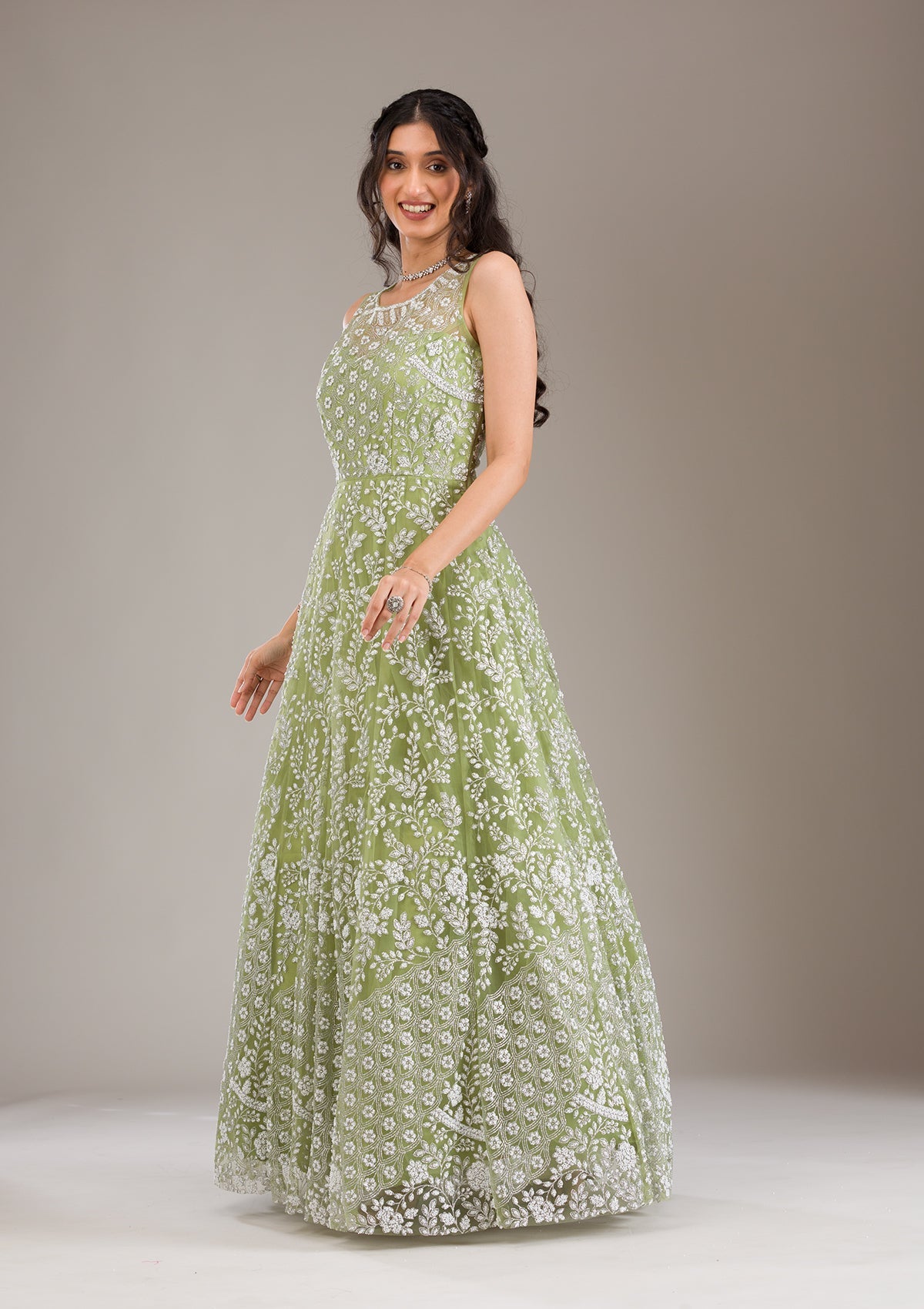 Koskii Pista Green Pearlwork Net Gown - view 5