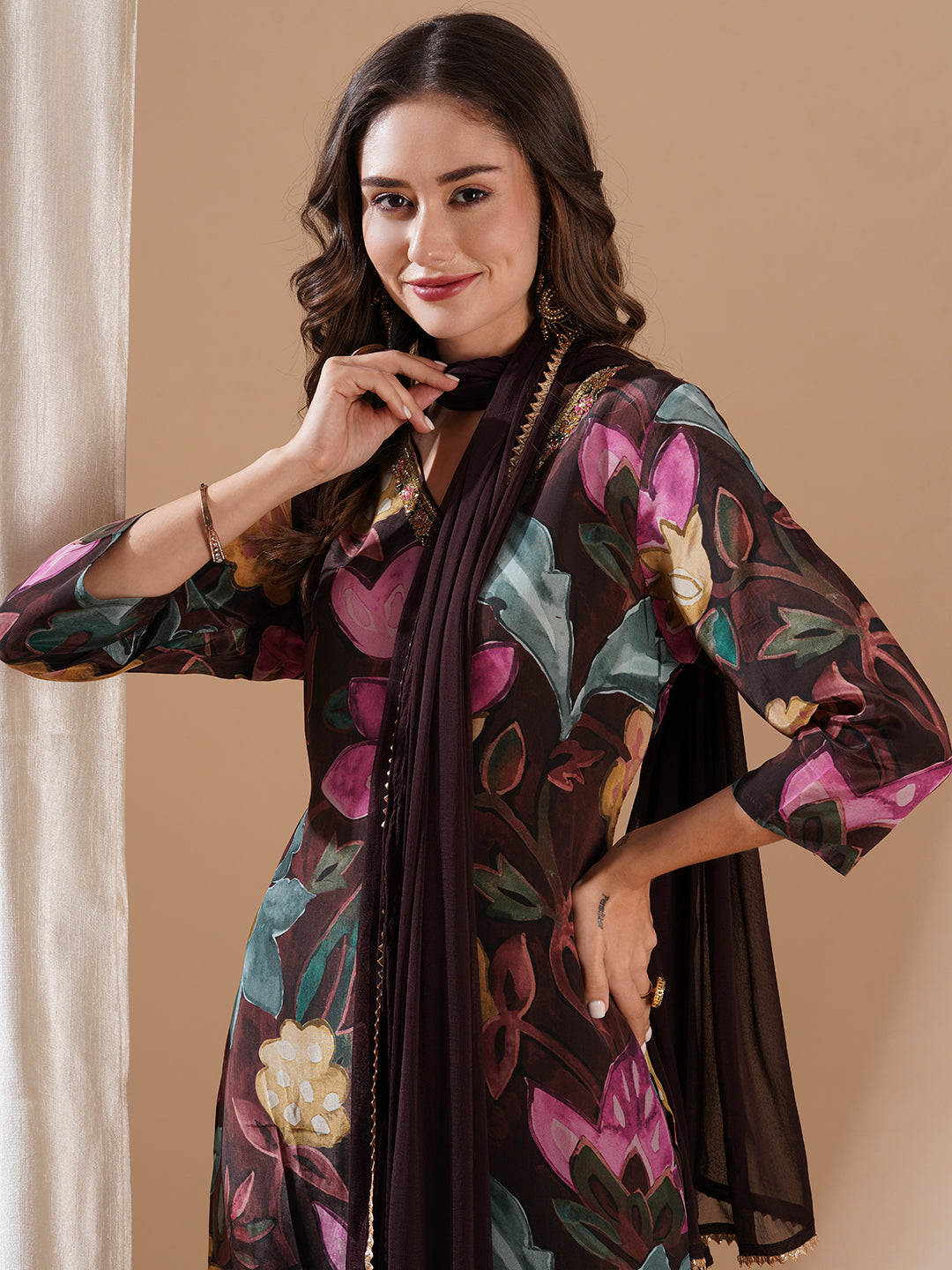 Fashor Floral Printed Sequins Aari Embroidered Kurta with Pants & Dupatta - Brown - view 2