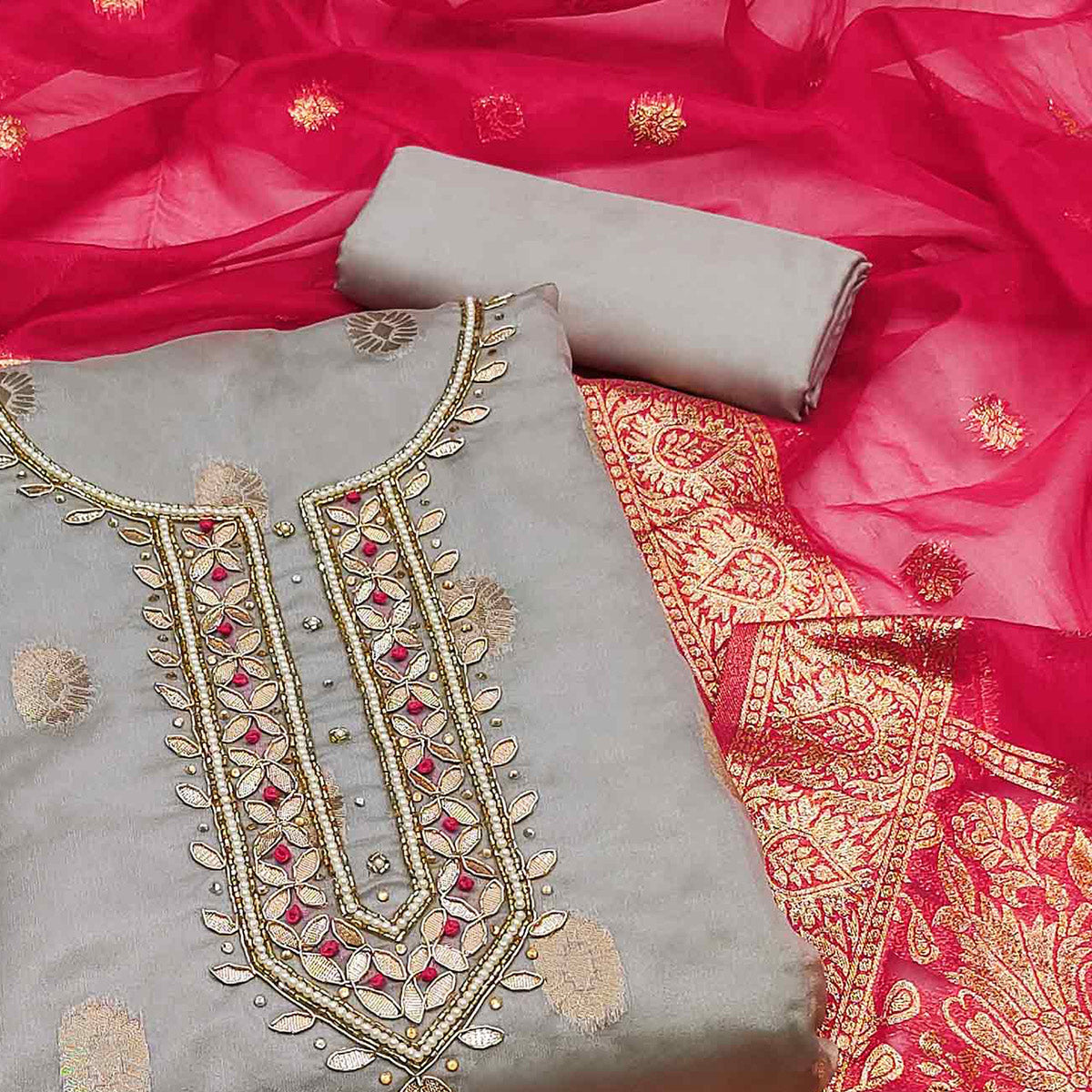 Peachmode Grey Woven With Handwork Organza Dress Material - view 2