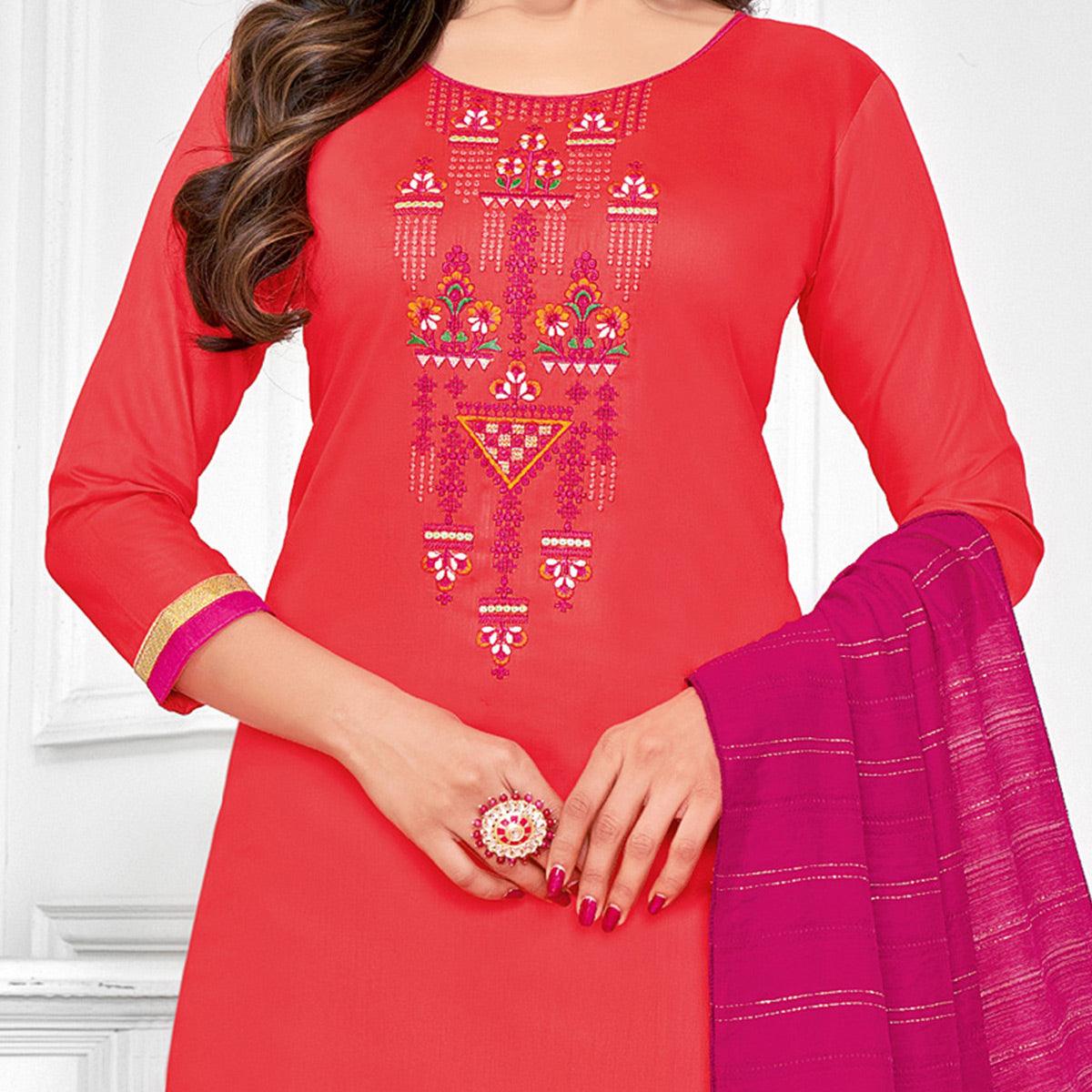 Peachmode Ideal Red-Orange Colored Partywear Designer Embroidery Cotton Salwar Suit - view 4