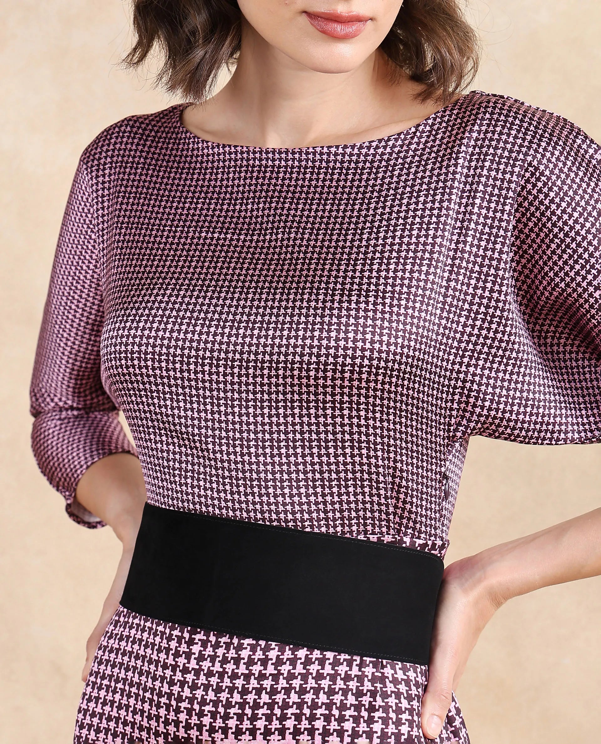Rareism Women Abovyan Wine Polyester Fabric Full Sleeve Boat Neck Zipper Closure Straight Fit Midi Geometric Print Dress - view 2