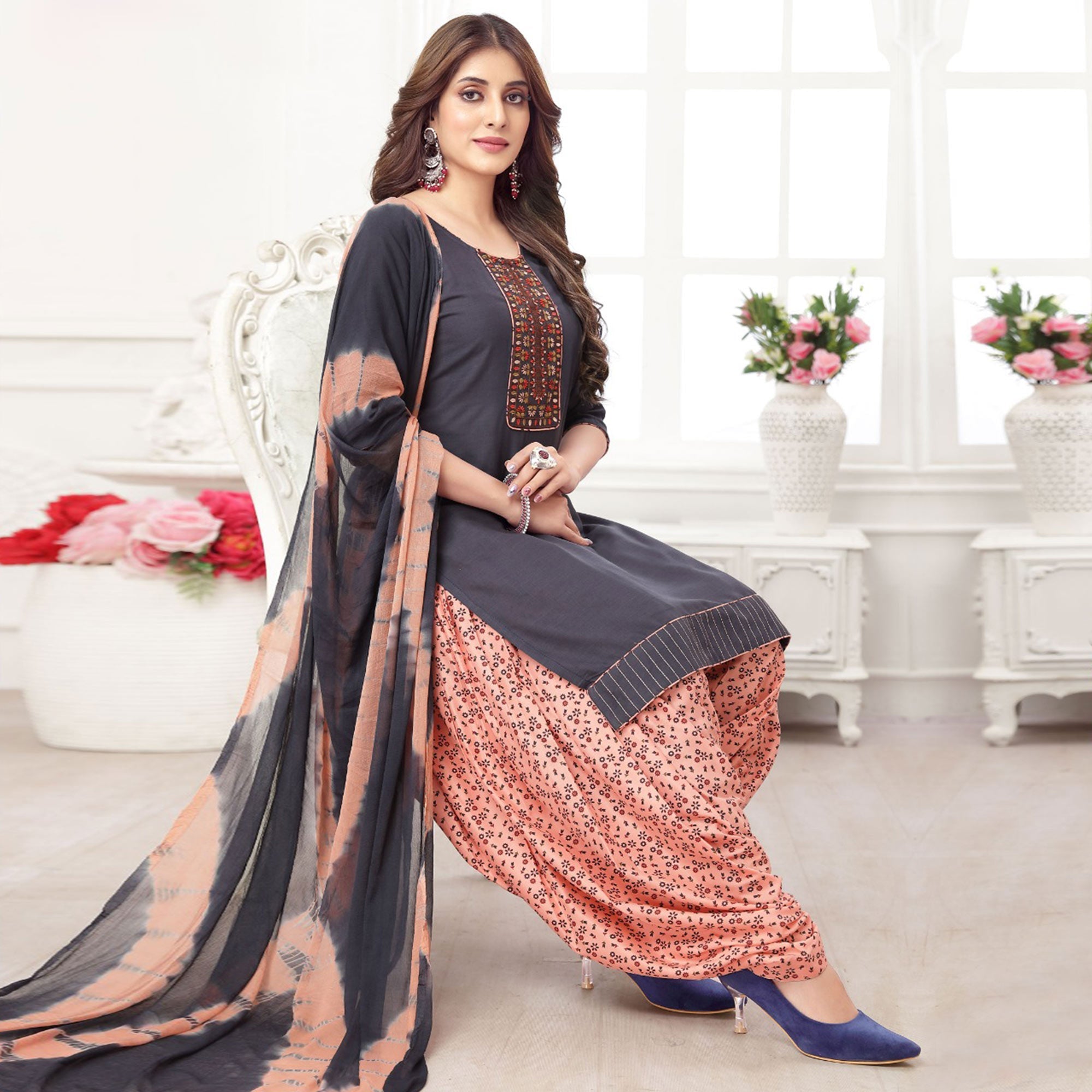 Peachmode Seller Dark Grey Embroidered Rayon Patiala Suit - view 2