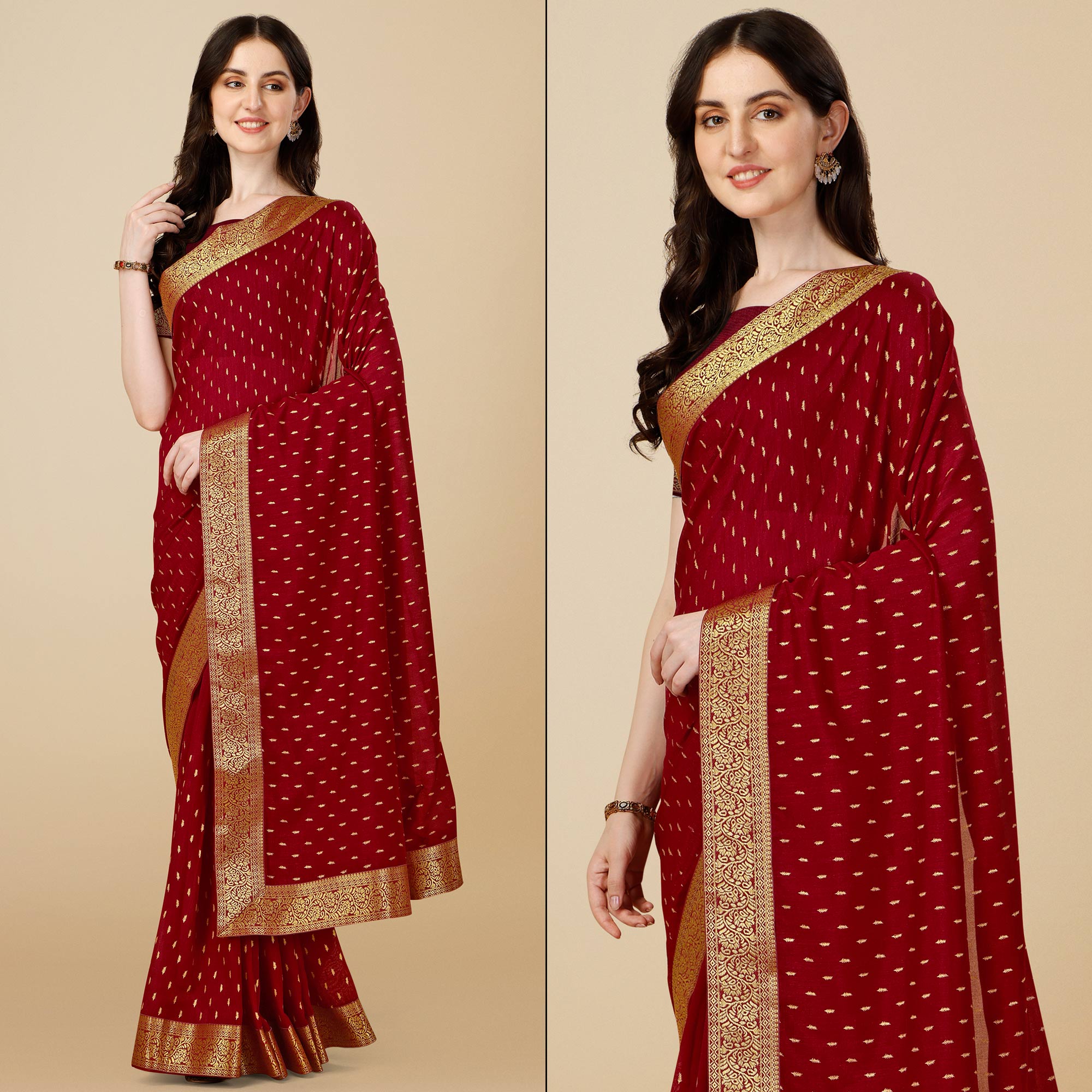 Peachmode Maroon Foil Printed Vichitra Silk Saree With Jacquard Border
