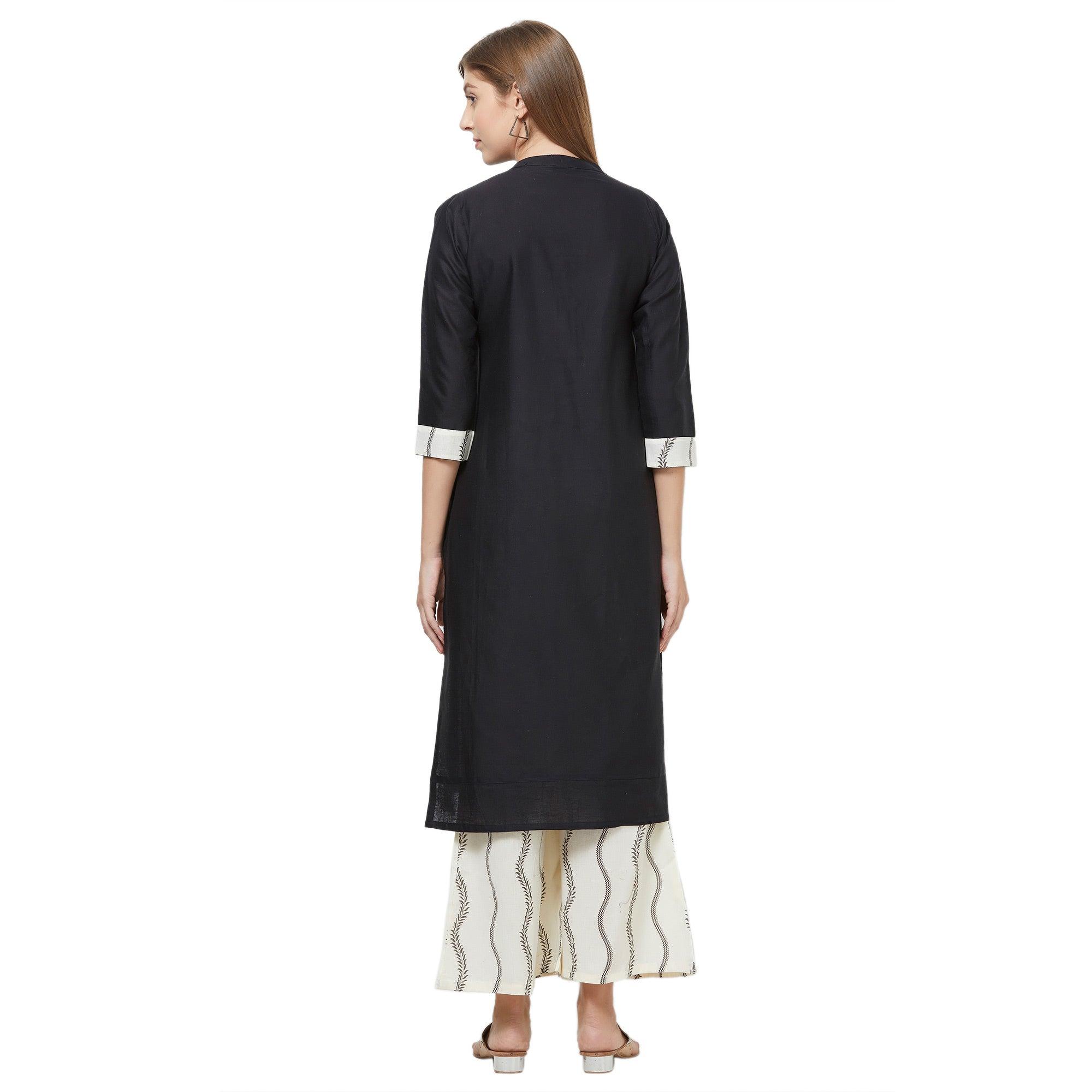 Peachmode Captivating Black Colored Casual Embroidered Cotton Kurti-Palazzo Set - view 3