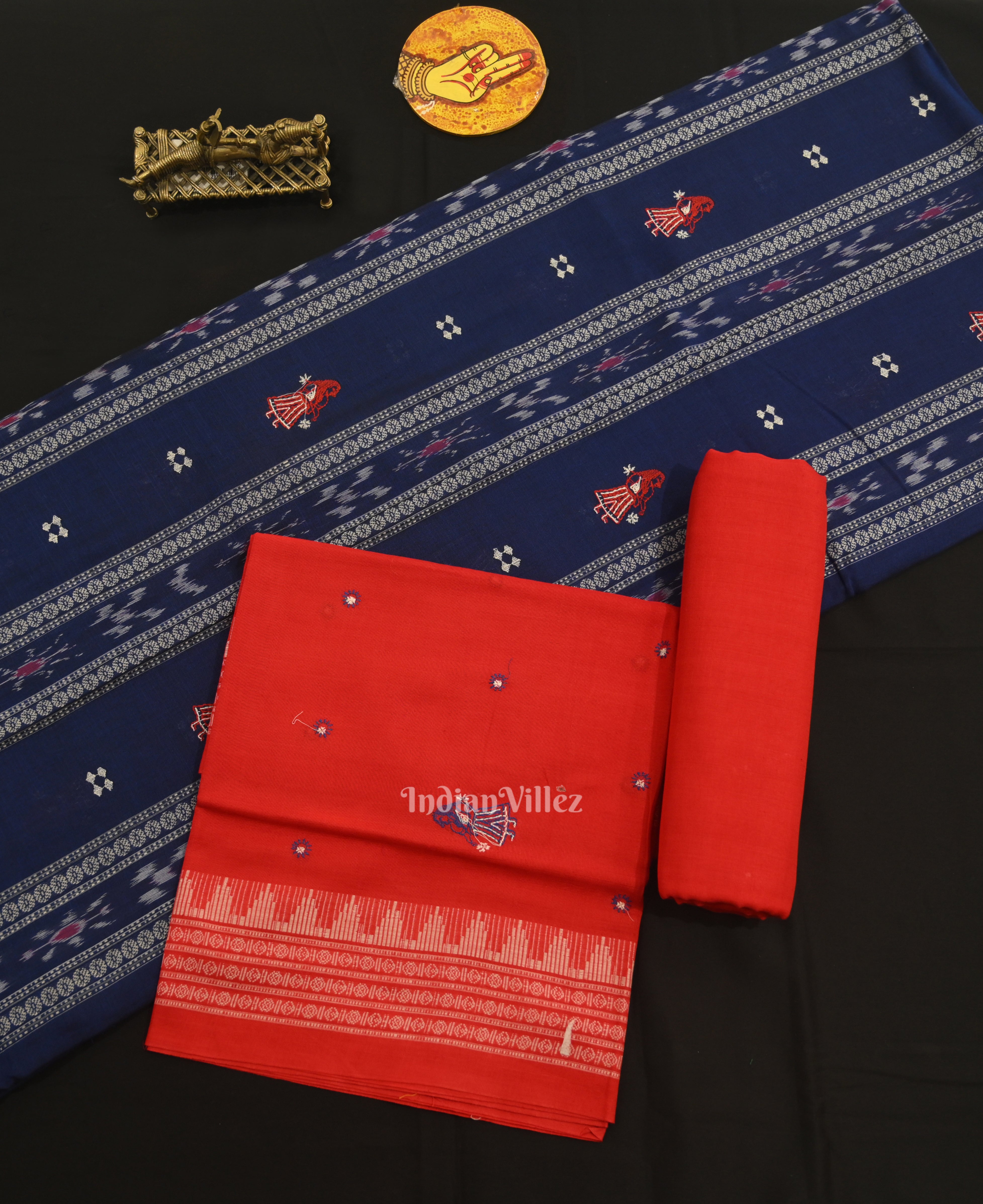 IndianVillèz Blue with Red Doll Odisha Ikat Sambalpuri Dress Material & Dupatta