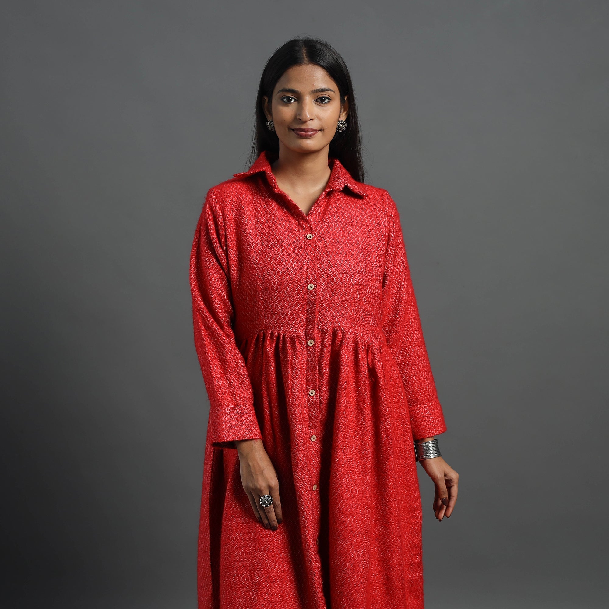 ITOKRI CASUALS Aaisha Red Plain Button Down Woollen Dress 08