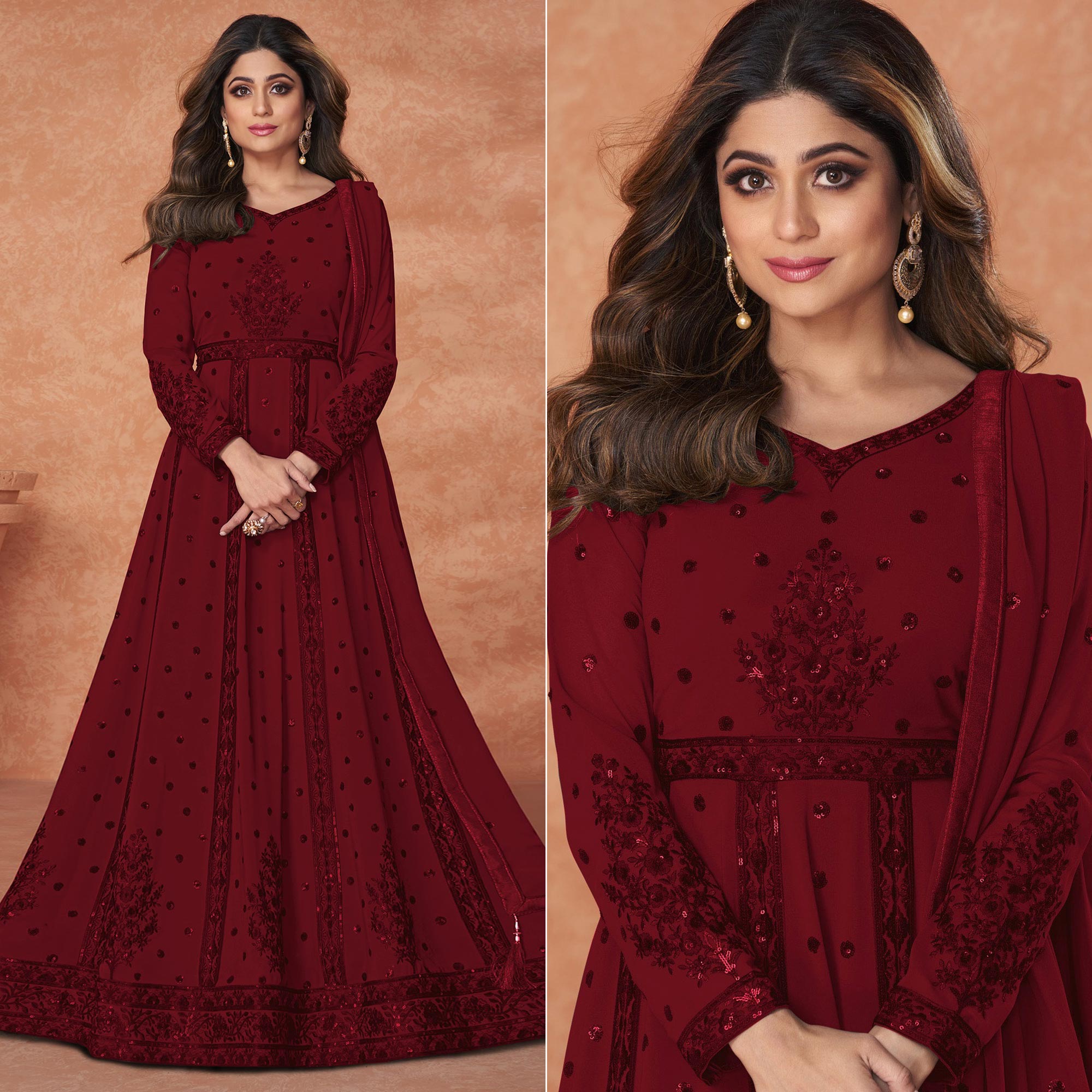Peachmode Maroon Embroidered Georgette Gown
