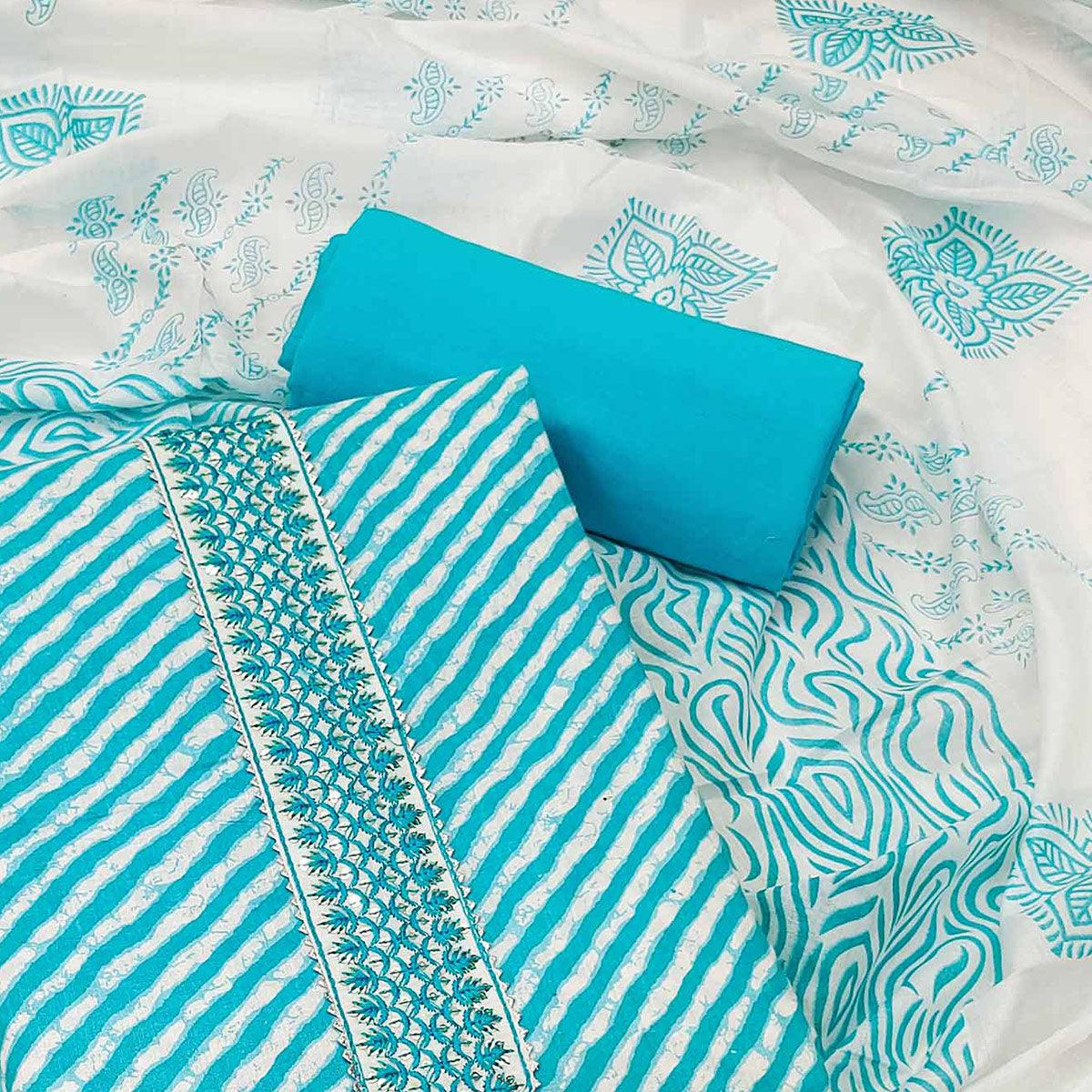 Peachmode Blue Stripe Printed With Embroidered Cotton Blend Dress Material - view 2