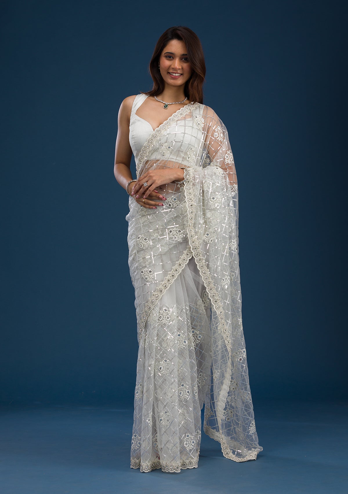 Koskii Off White Sequins Net Saree – Women's
