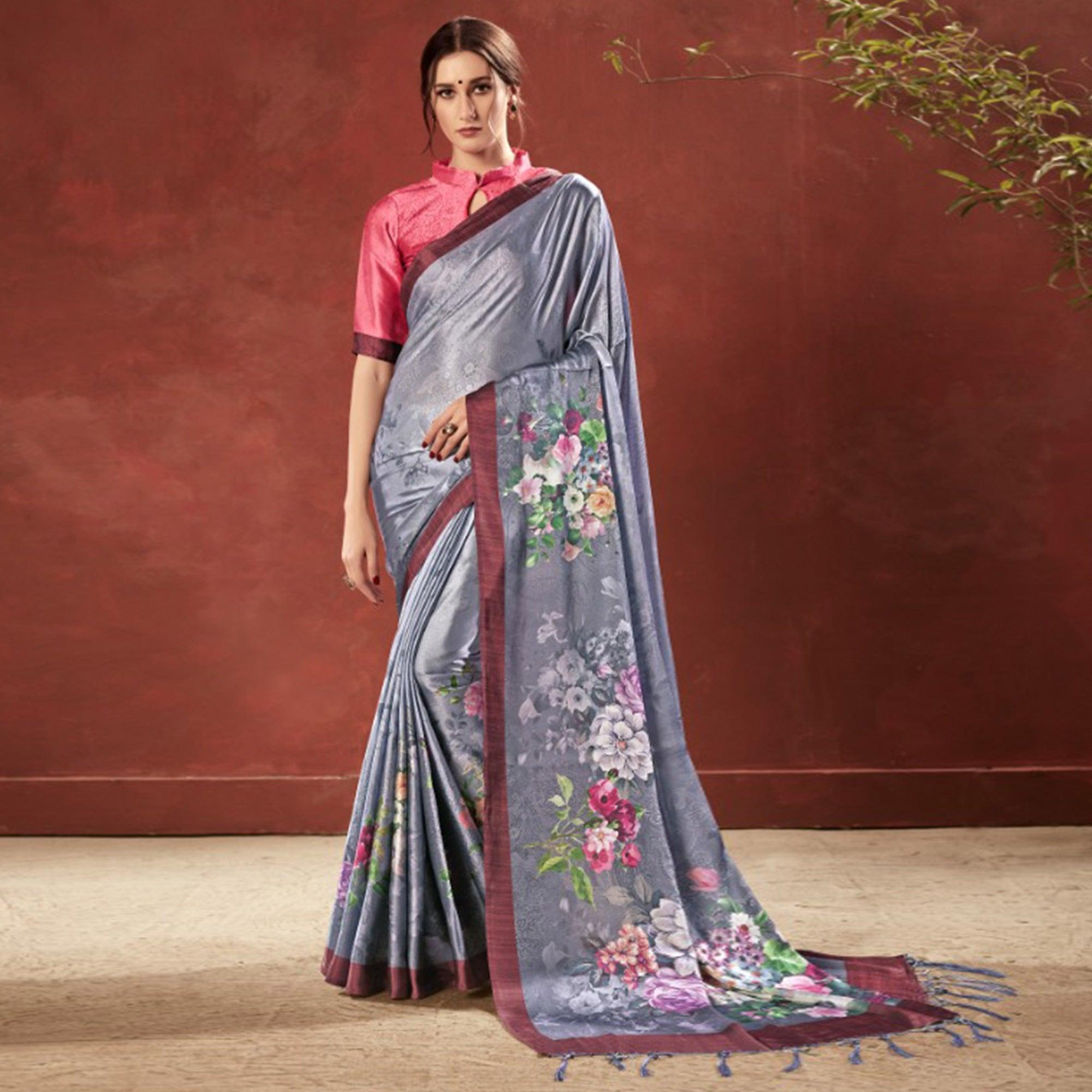 Peachmode Lovely Grey Colored Casual Wear Printed Satin Crepe Saree With Tassels