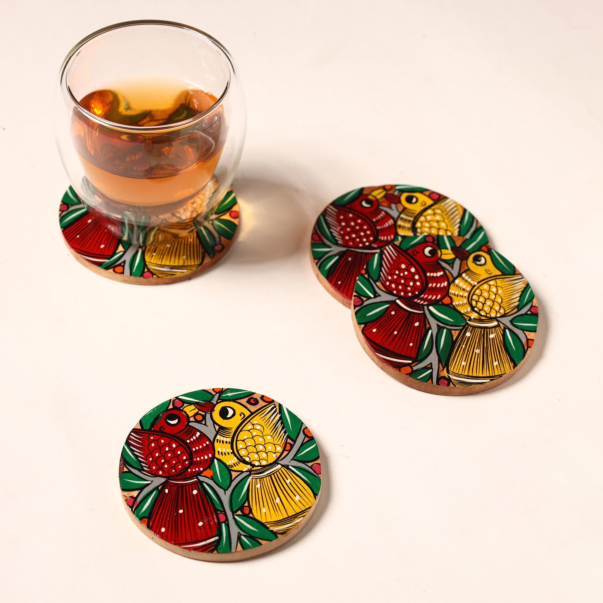 ITOKRI CRAFTS INITIATIVE Bengal Patua Handpainted Akashmoni Wooden Coasters (Set of 4) 19