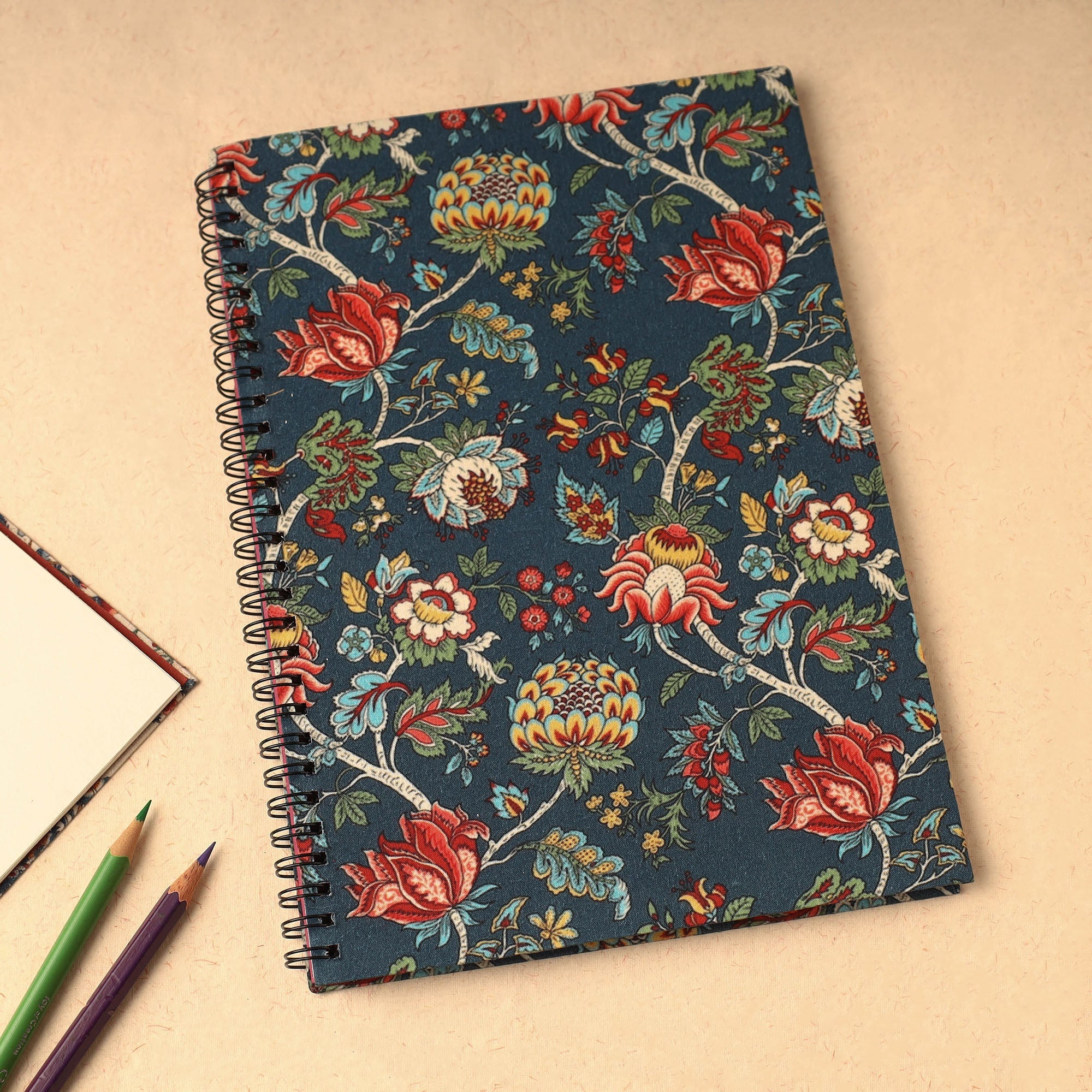 SUKRITI INPRINT Blue - Floral Printed Handcrafted Spiral Notebook (10 x 7 in) 10