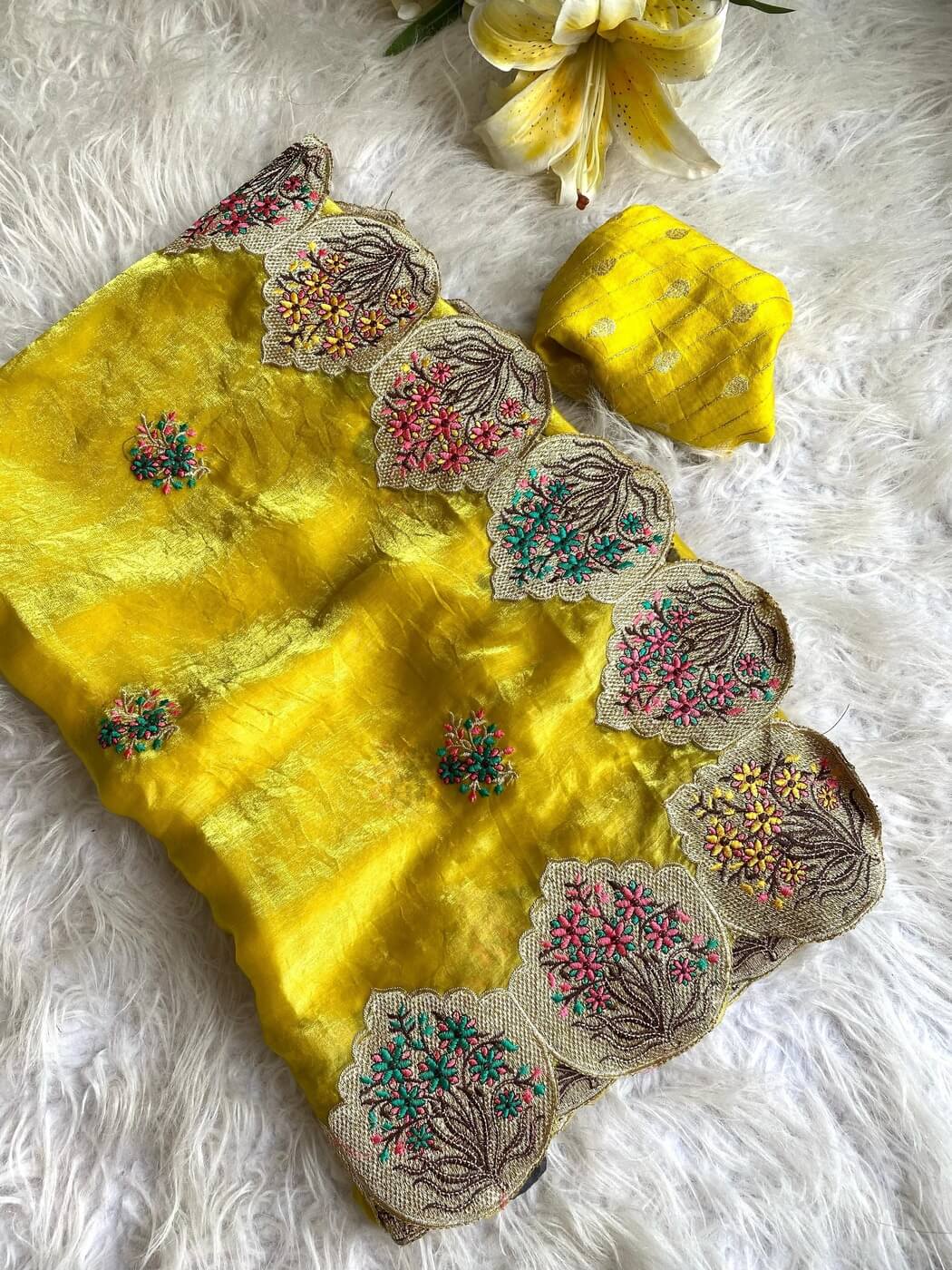 Tasrika Opulent Yellow Embroidery Work Fendy Silk Saree With Innovative Blouse Piece - view 2