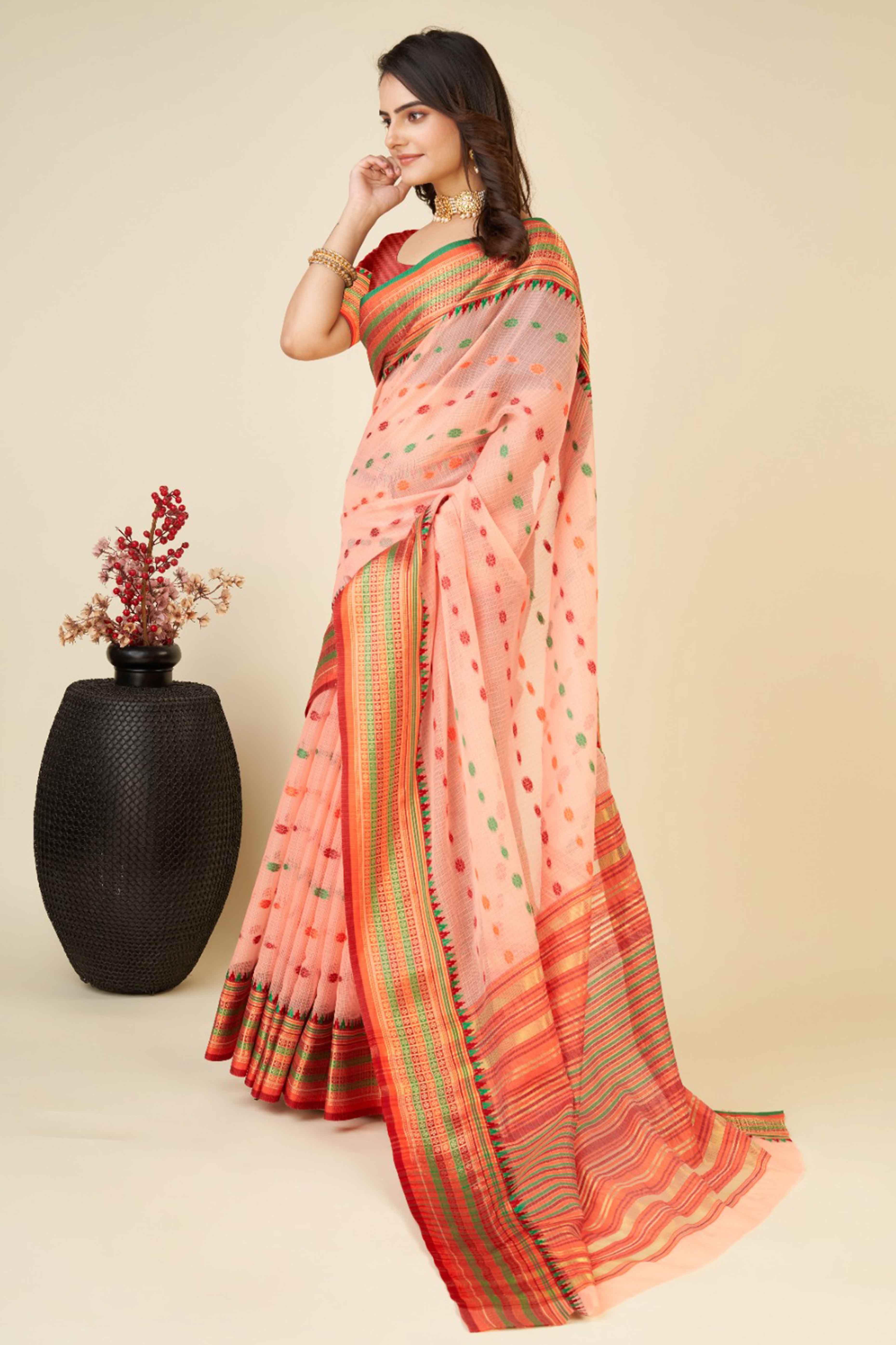 Peachmode Light Peach Zari Weaving Cotton Silk Saree - view 3
