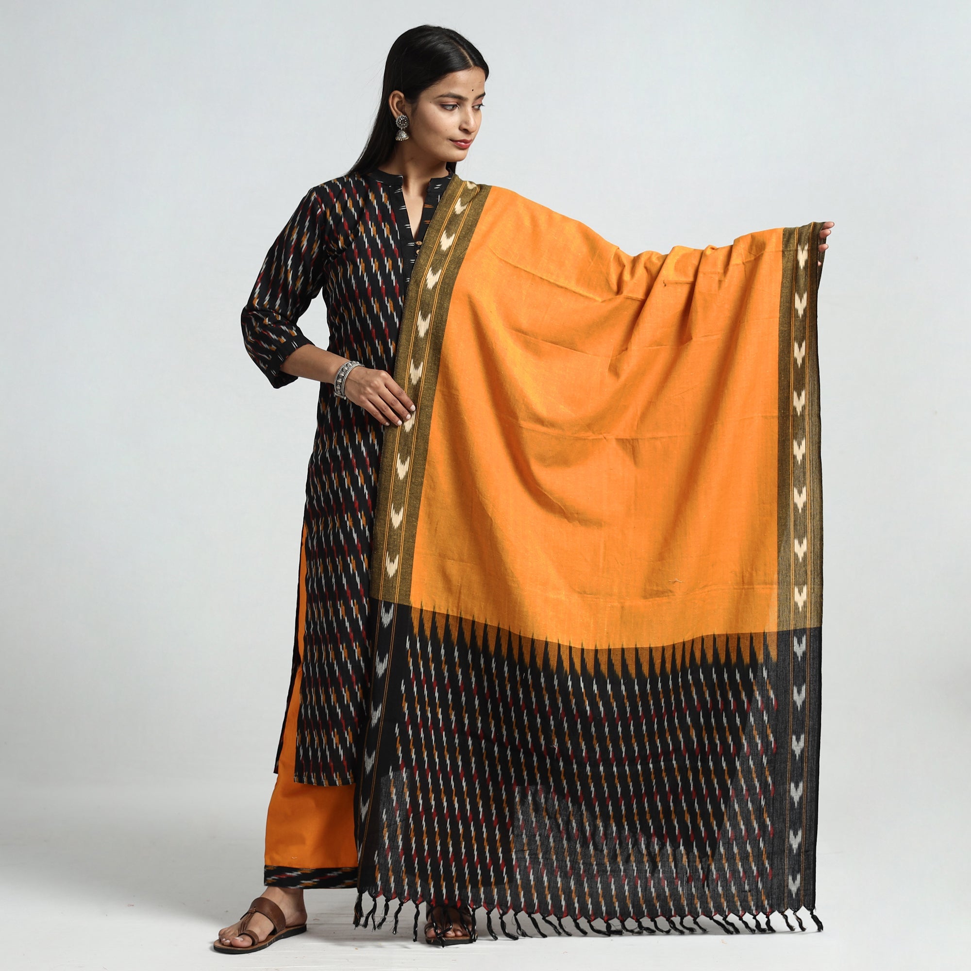 ITOKRI CASUALS Black - Pochampally Ikat Weave Cotton Kurta with Palazzo & Dupatta Set - view 2